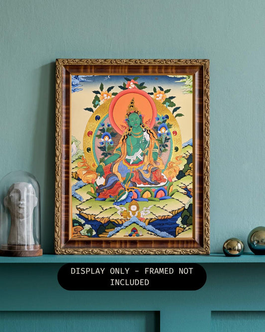 Hand-Painted Green Tara Thangka – Tibetan Buddhist Wall Art