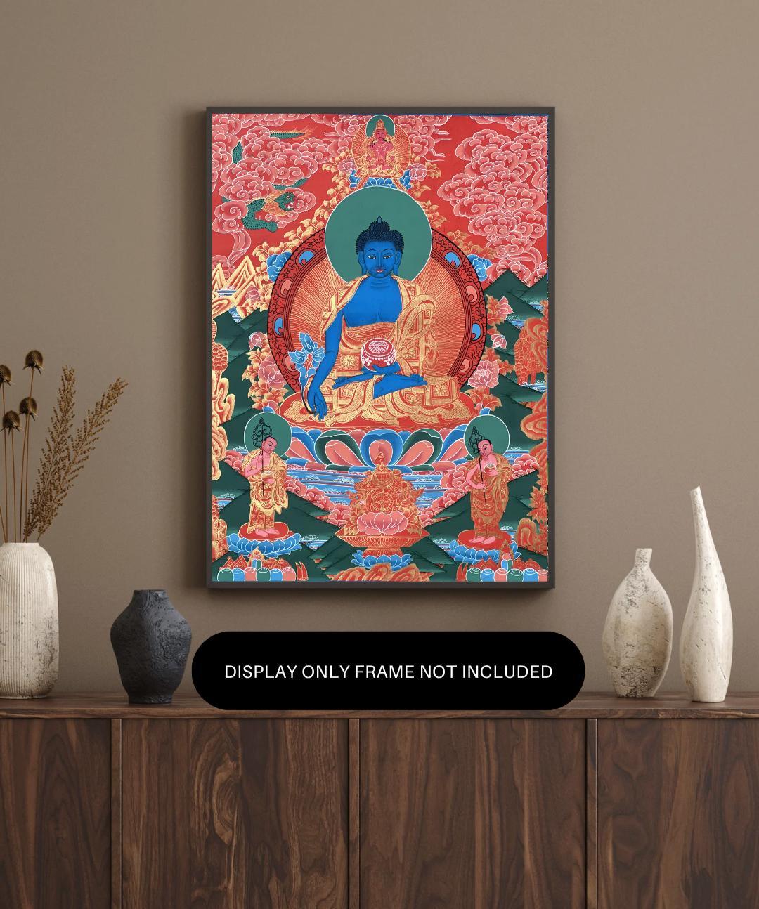 Medicine Buddha Thangka Painting – Handmade Tibetan Healing Art, Silk Brocade Option