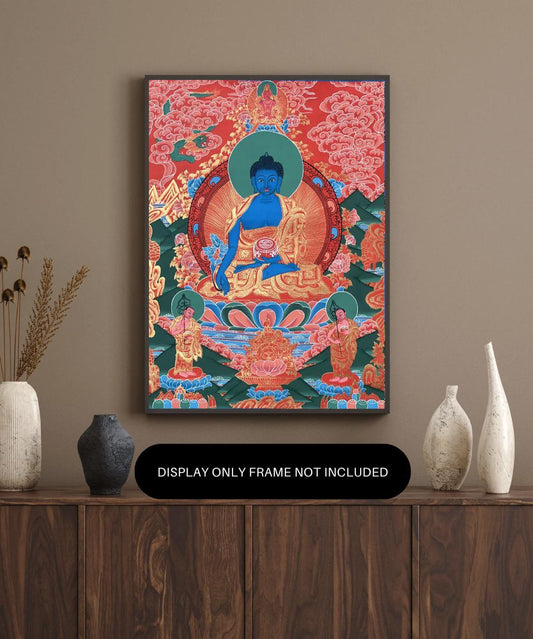 Medicine Buddha Thangka Painting – Handmade Tibetan Healing Art, Silk Brocade Option