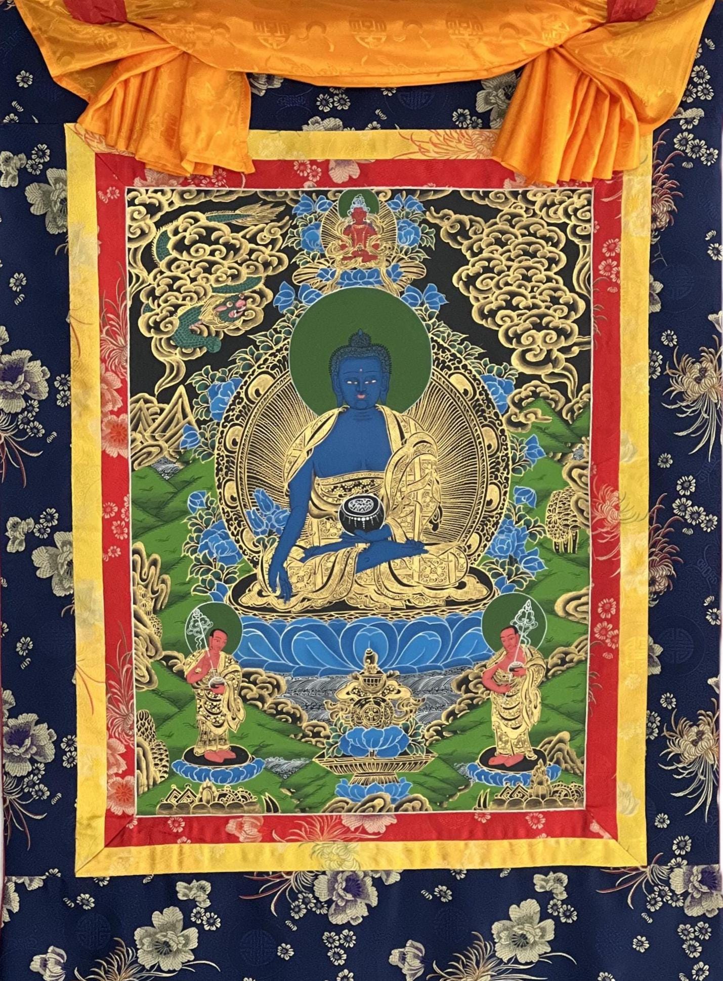 Hand-Painted Medicine Buddha Thangka, Tibetan Buddhist Art with Silk Brocade