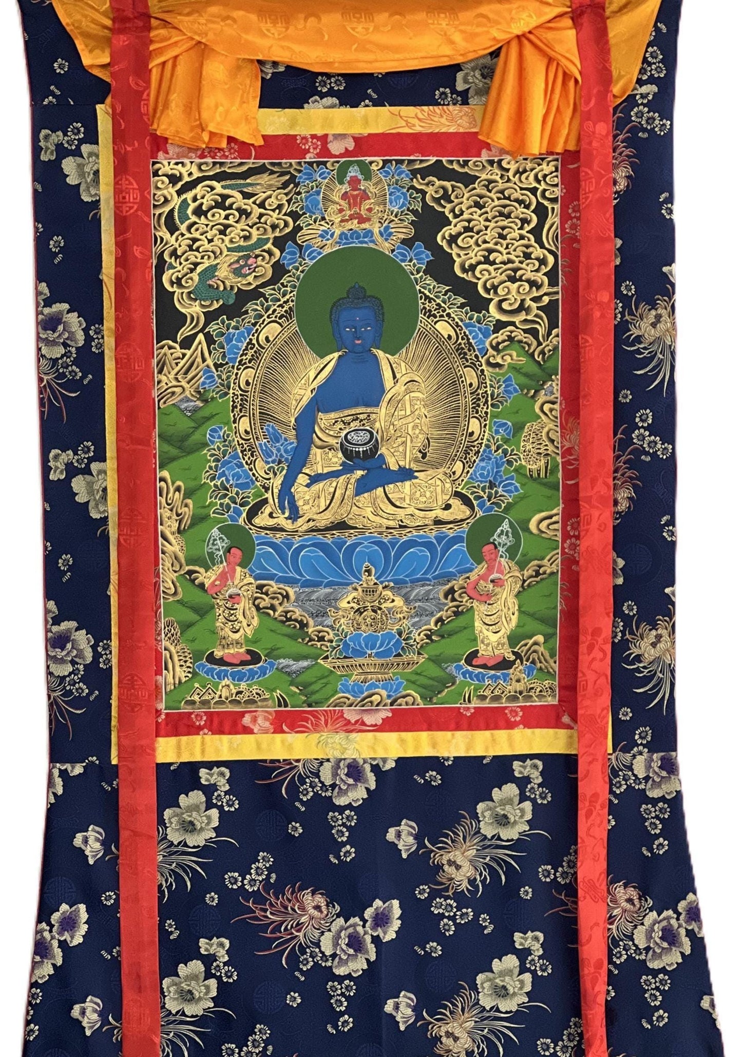 Hand-Painted Medicine Buddha Thangka, Tibetan Buddhist Art with Silk Brocade