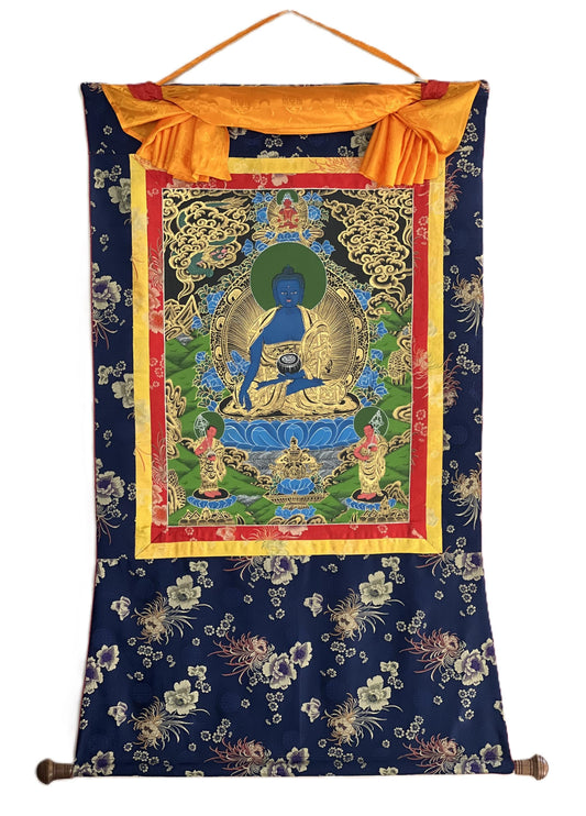 Hand-Painted Medicine Buddha Thangka, Tibetan Buddhist Art with Silk Brocade