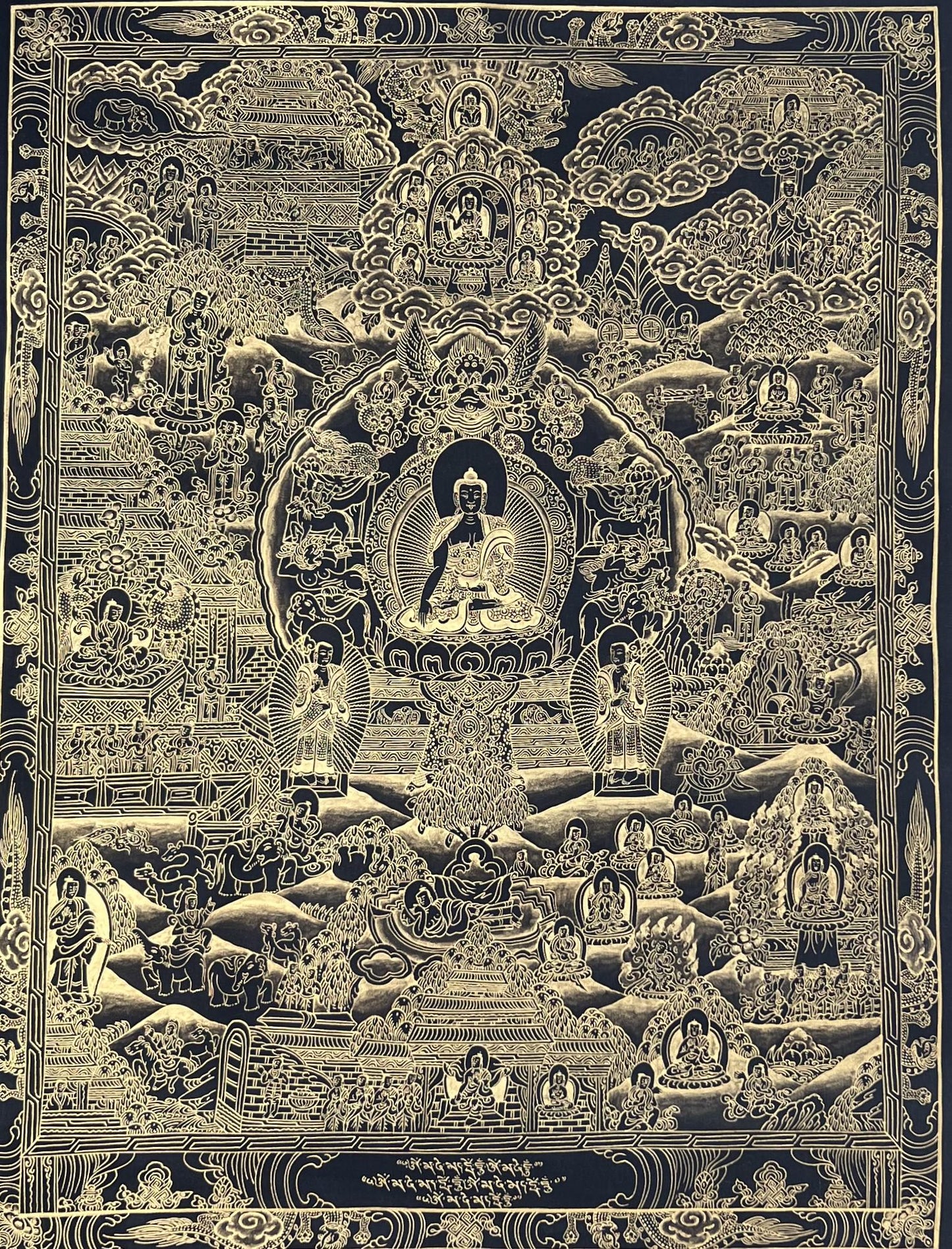 Original Hand-Painted Buddha Life Mandala  Masterpiece Black and Gold Tibetan Meditation Thangka Painting