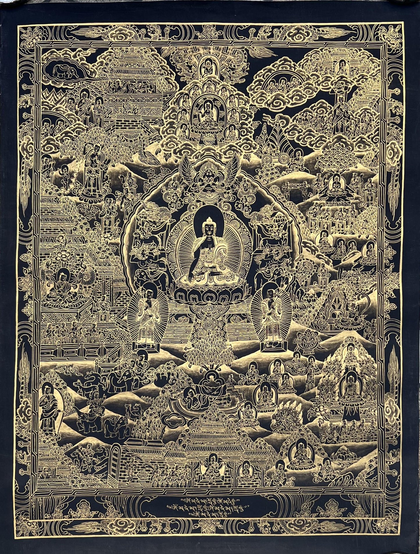 Original Hand-Painted Buddha Life Mandala  Masterpiece Black and Gold Tibetan Meditation Thangka Painting