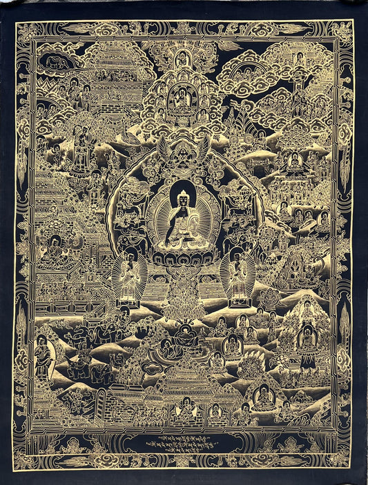 Original Hand-Painted Buddha Life Mandala  Masterpiece Black and Gold Tibetan Meditation Thangka Painting