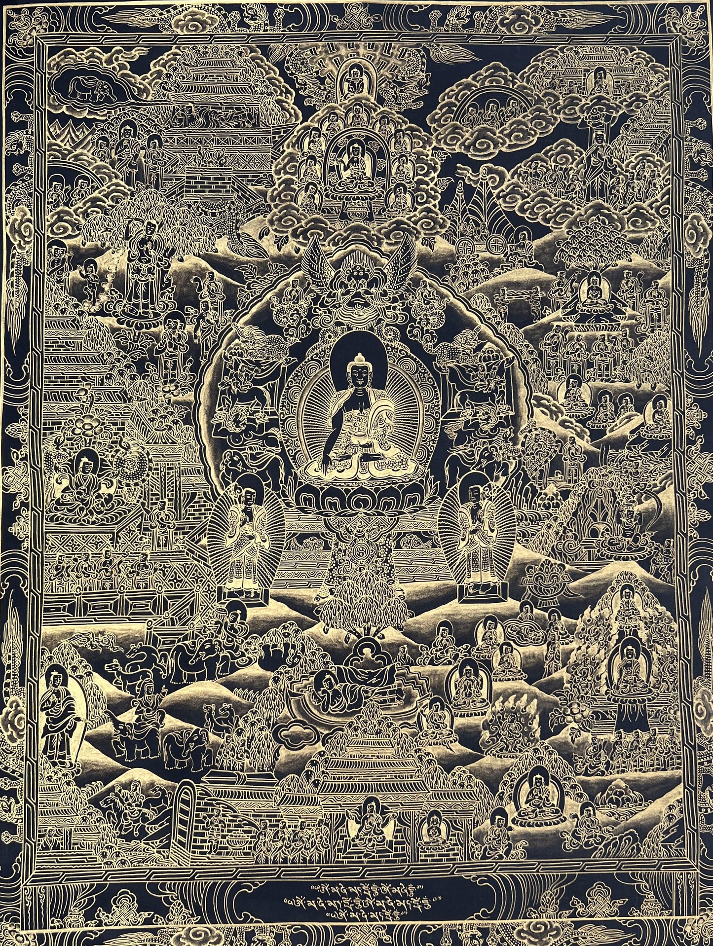Original Hand-Painted Buddha Life Mandala  Masterpiece Black and Gold Tibetan Meditation Thangka Painting