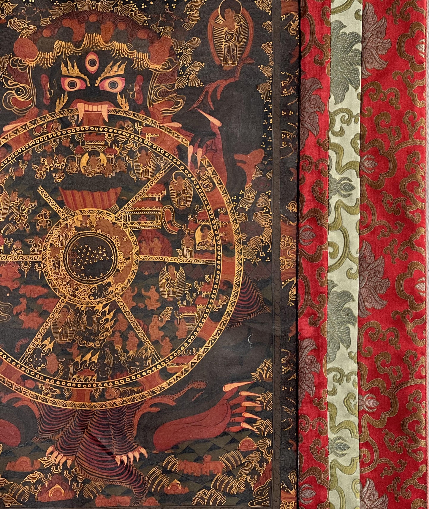 Wheel of Life Samsara Thangka | Semi-Old Bhavacakra Mandala, Silk Brocade Frame