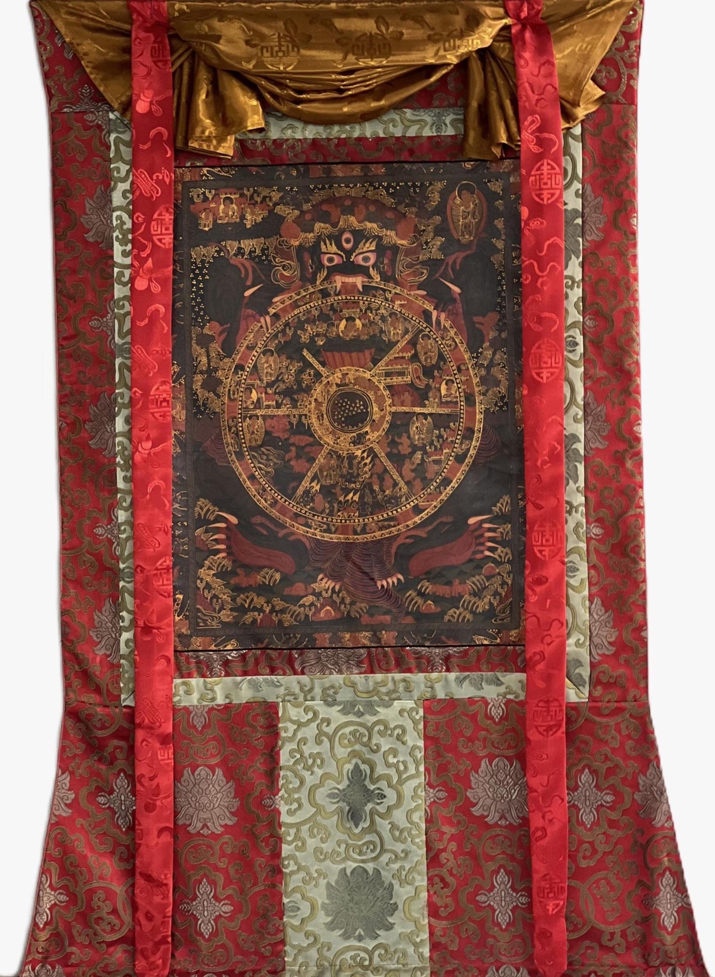 Wheel of Life Samsara Thangka | Semi-Old Bhavacakra Mandala, Silk Brocade Frame