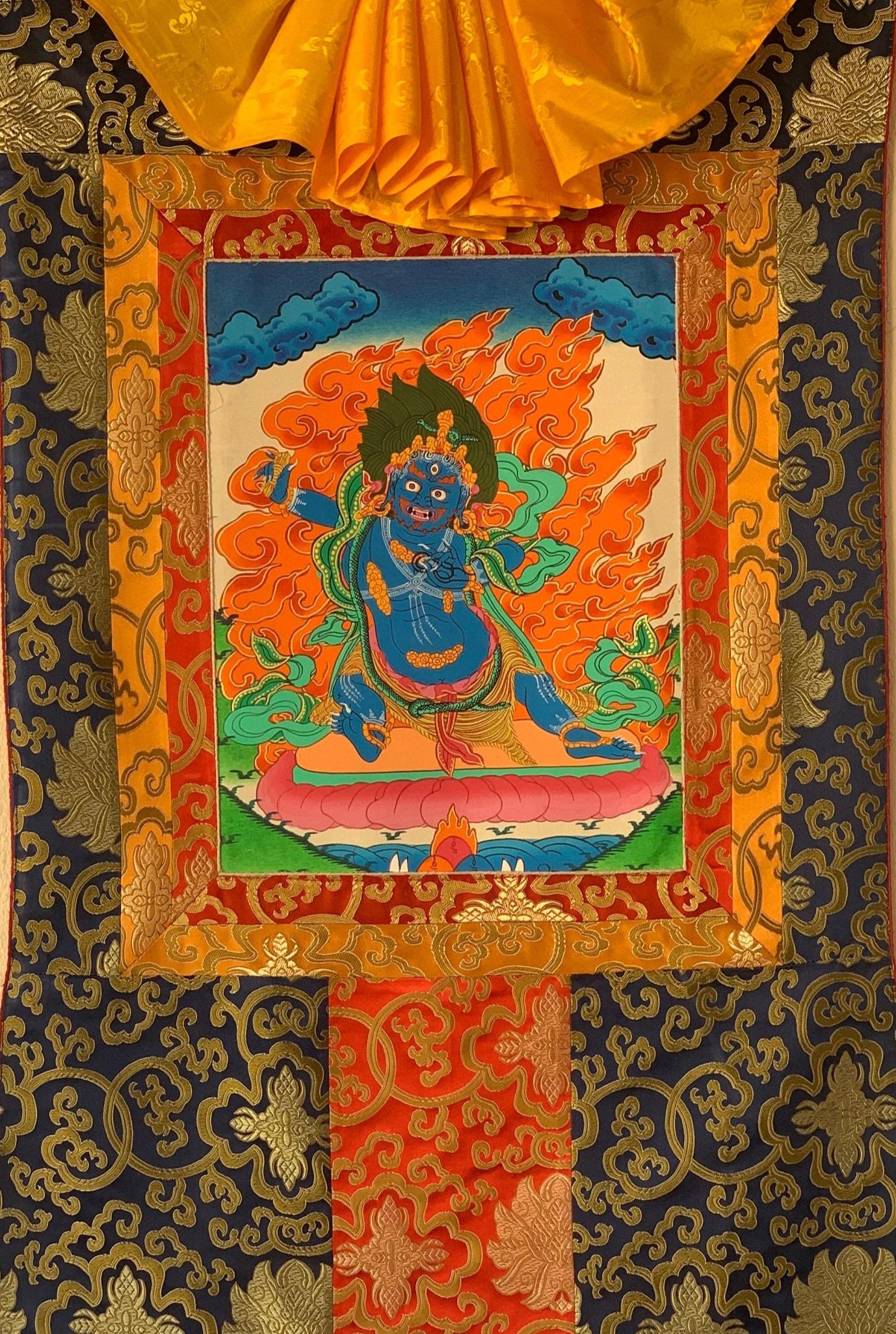 Vajrapani Tibetan Thangka Painting | Wrathful Protector | Hand-Painted Art | Silk Brocade Framed