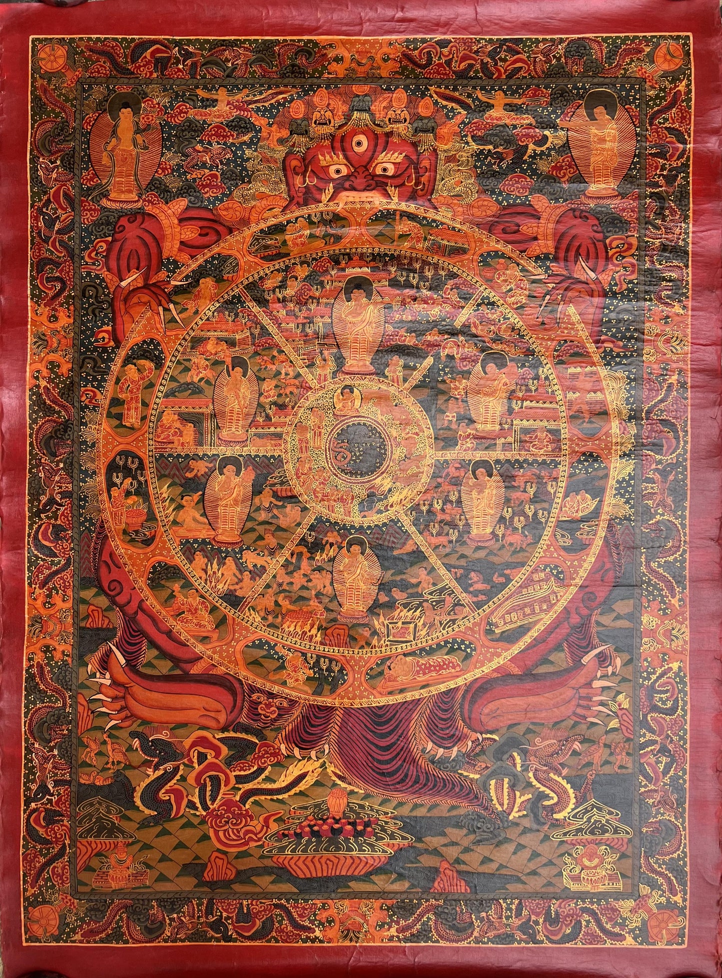 Wheel of Life Thangka | Hand-Painted Tibetan Buddhist Mandala Art  |  Oil Varnished