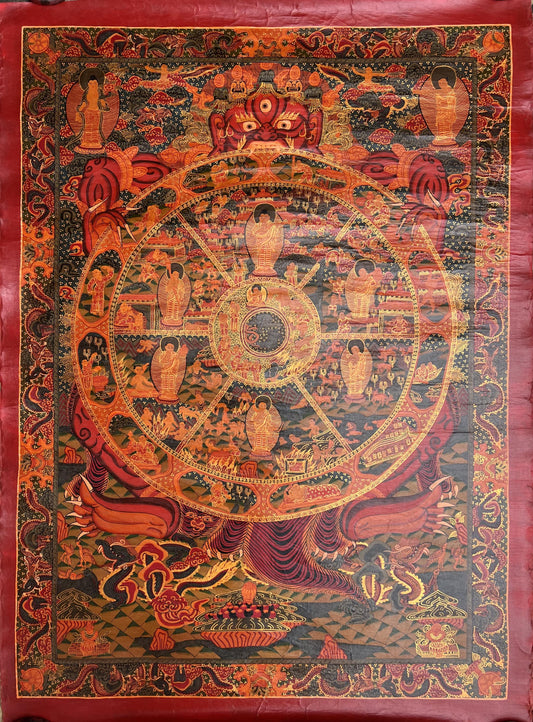 Wheel of Life Thangka | Hand-Painted Tibetan Buddhist Mandala Art  |  Oil Varnished
