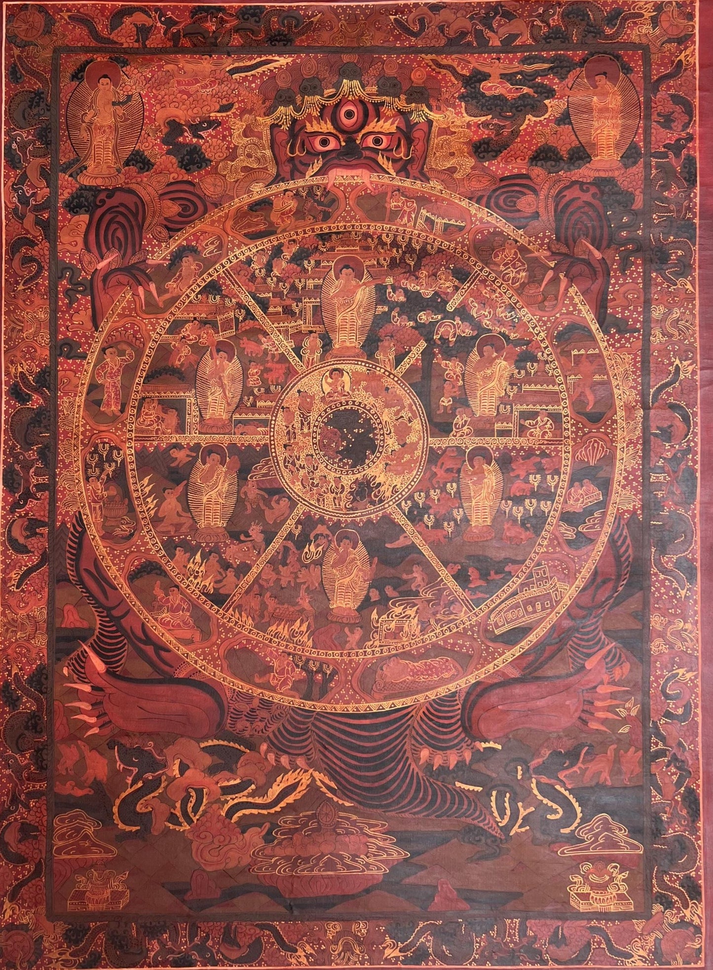 Hand-Painted Bhavacakra Thangka | Tibetan Wheel of Life Mandala Art