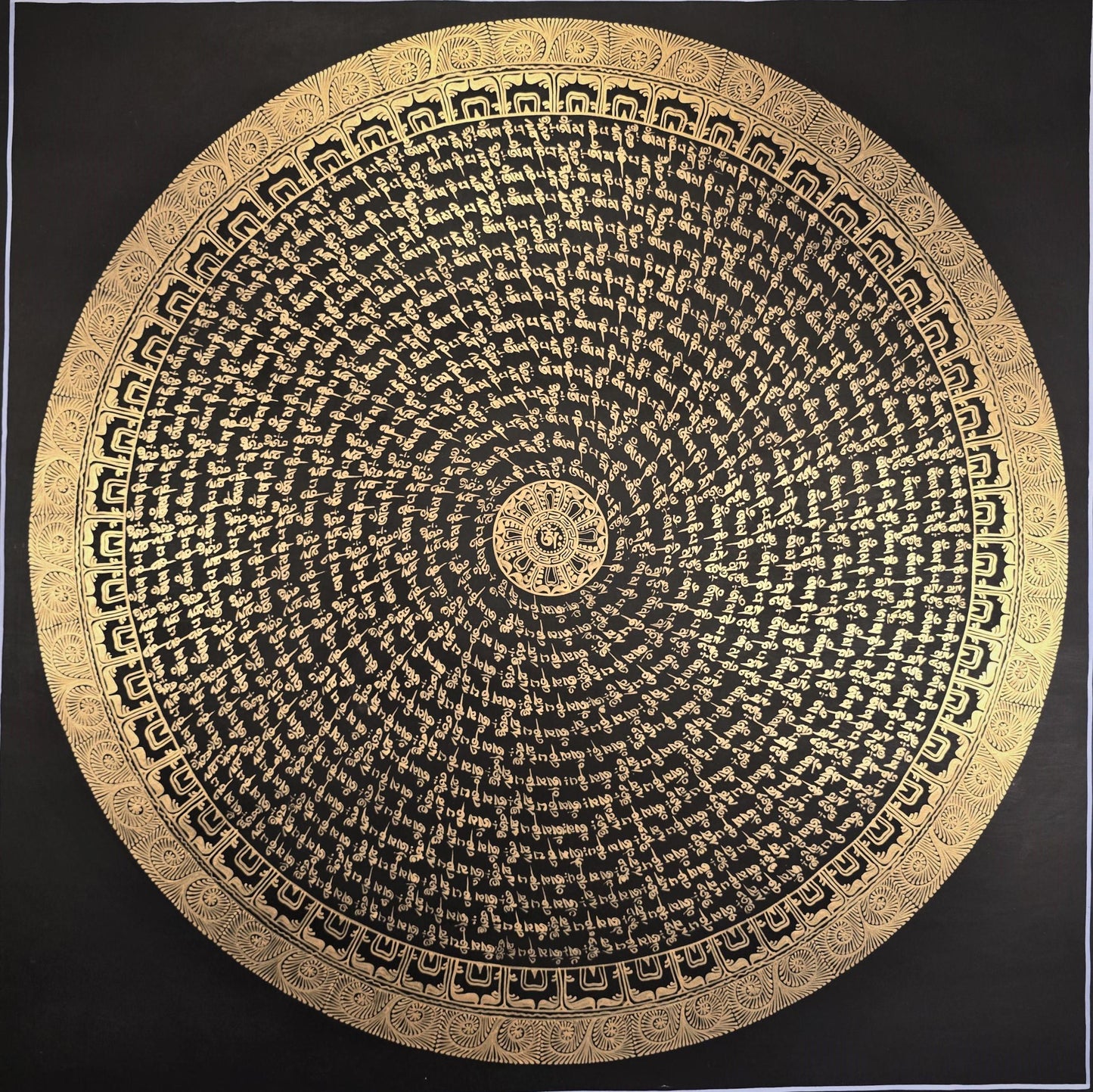 Hand-Painted Tibetan Thangka Painting - Om Mantra Mandala Art from Nepal - Spiritual Wall Decor