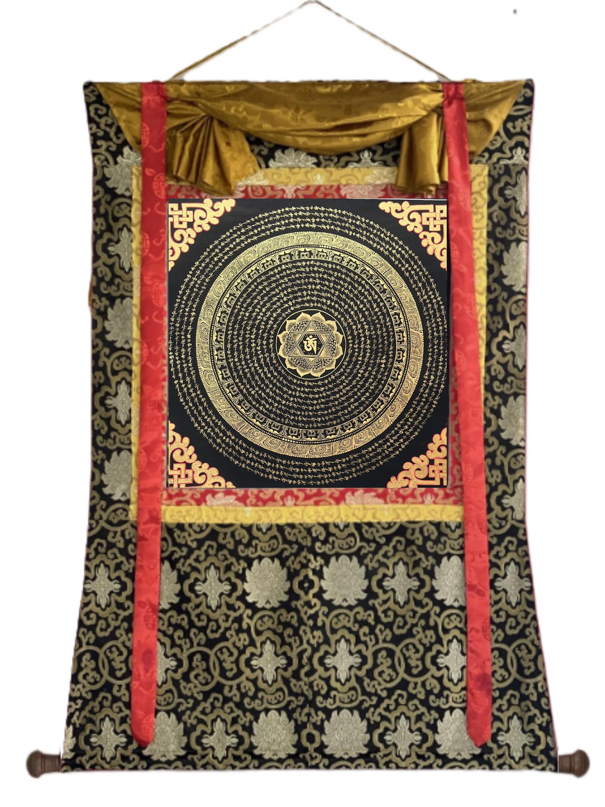 Hand-Painted Om Mandala Thangka  Tibetan Buddhist Art, Black & Gold Wall Hanging
