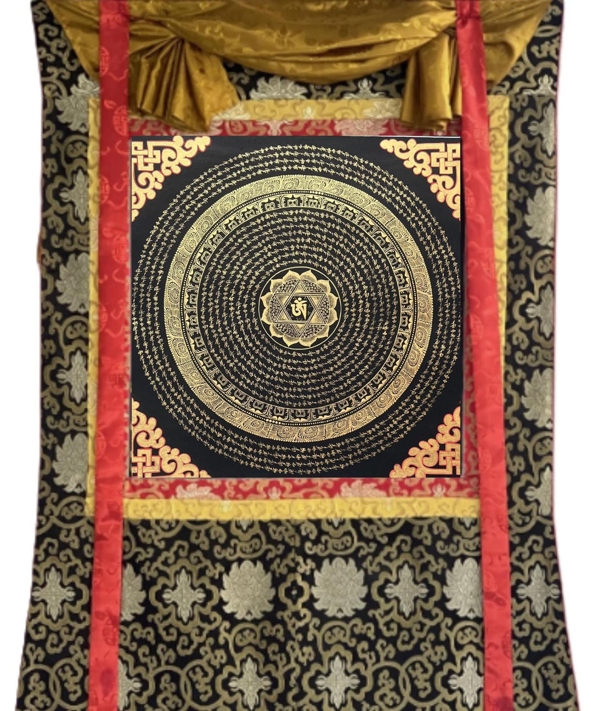 Hand-Painted Om Mandala Thangka  Tibetan Buddhist Art, Black & Gold Wall Hanging