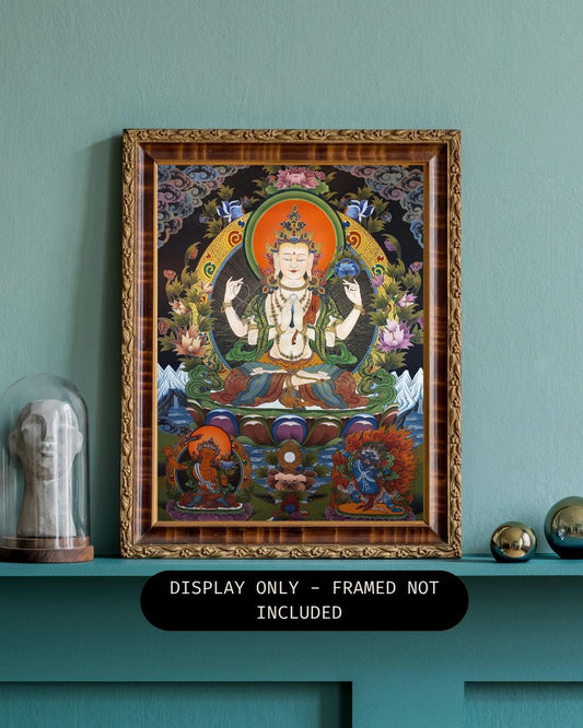 Four-Armed Chenrezig Thangka | Avalokiteshvara Bodhisattva of Compassion | Hand-Painted Tibetan Art | 24K Gold LARGE Painting