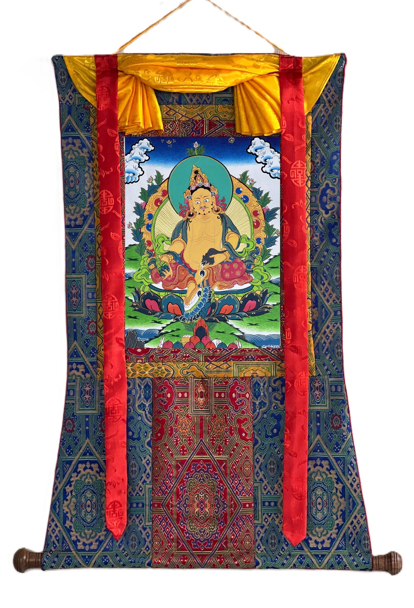 Yellow Jambhala Thangka | Silk Brocade Kuber, God of Wealth
