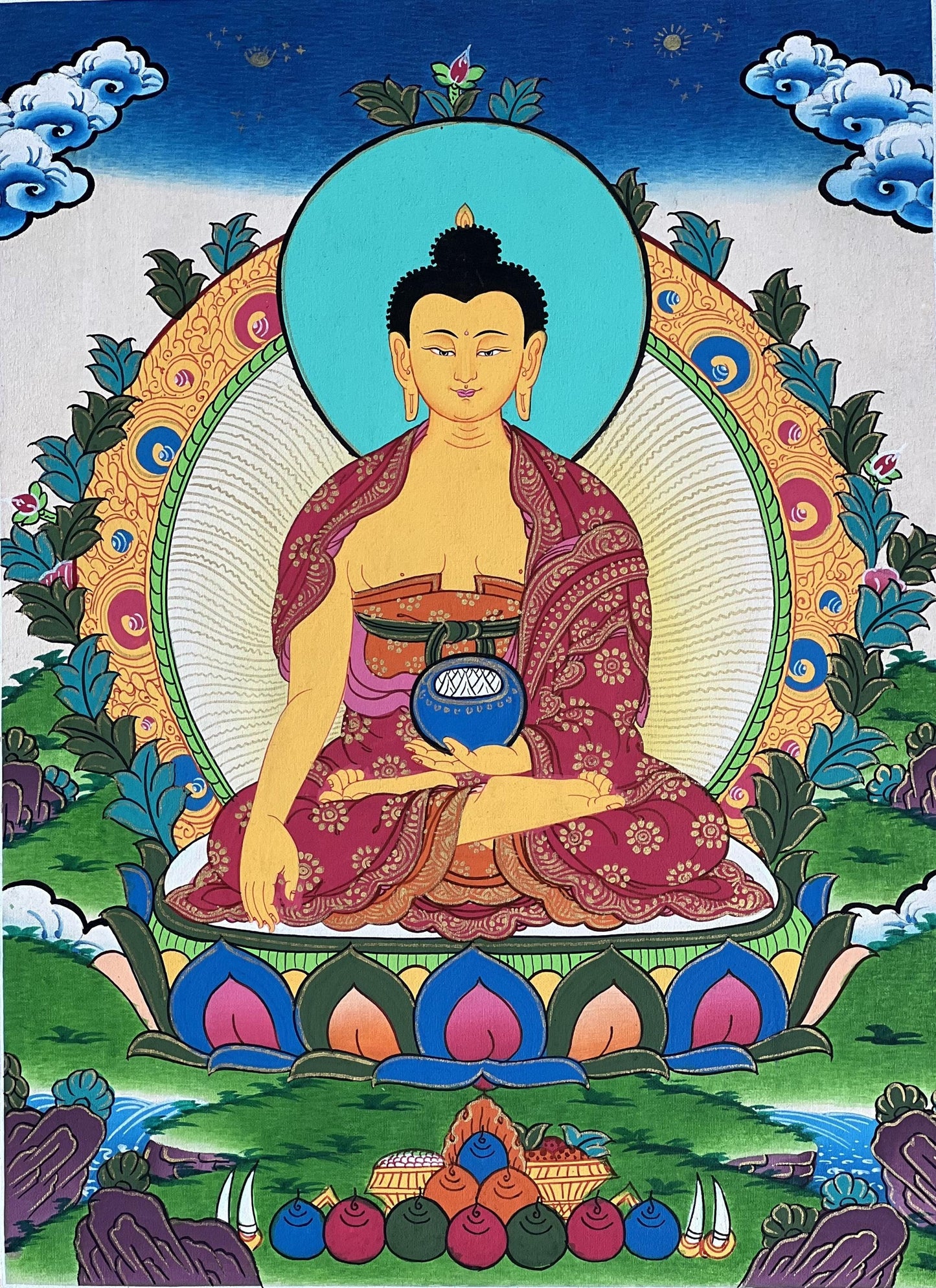 Hand-Painted Shakyamuni Buddha Thangka | Silk Brocade Frame