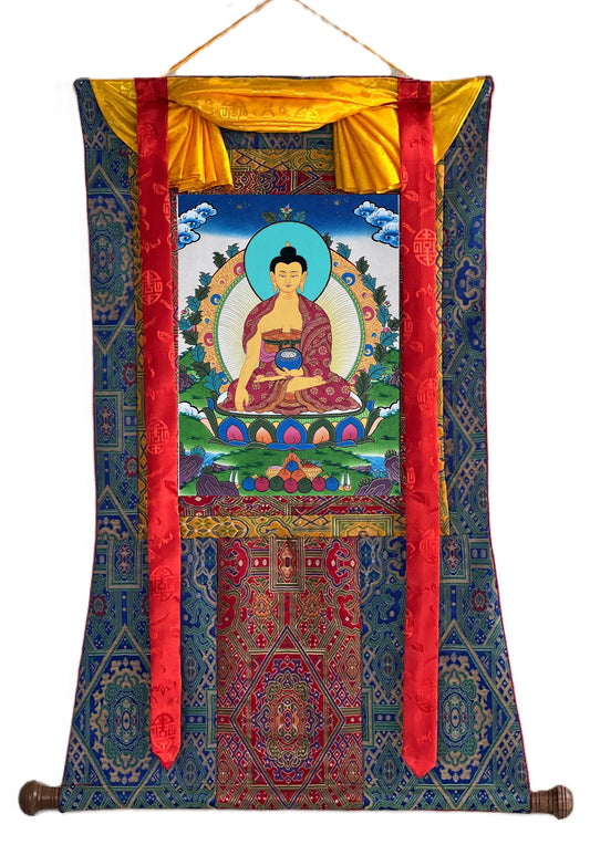Hand-Painted Shakyamuni Buddha Thangka | Silk Brocade Frame