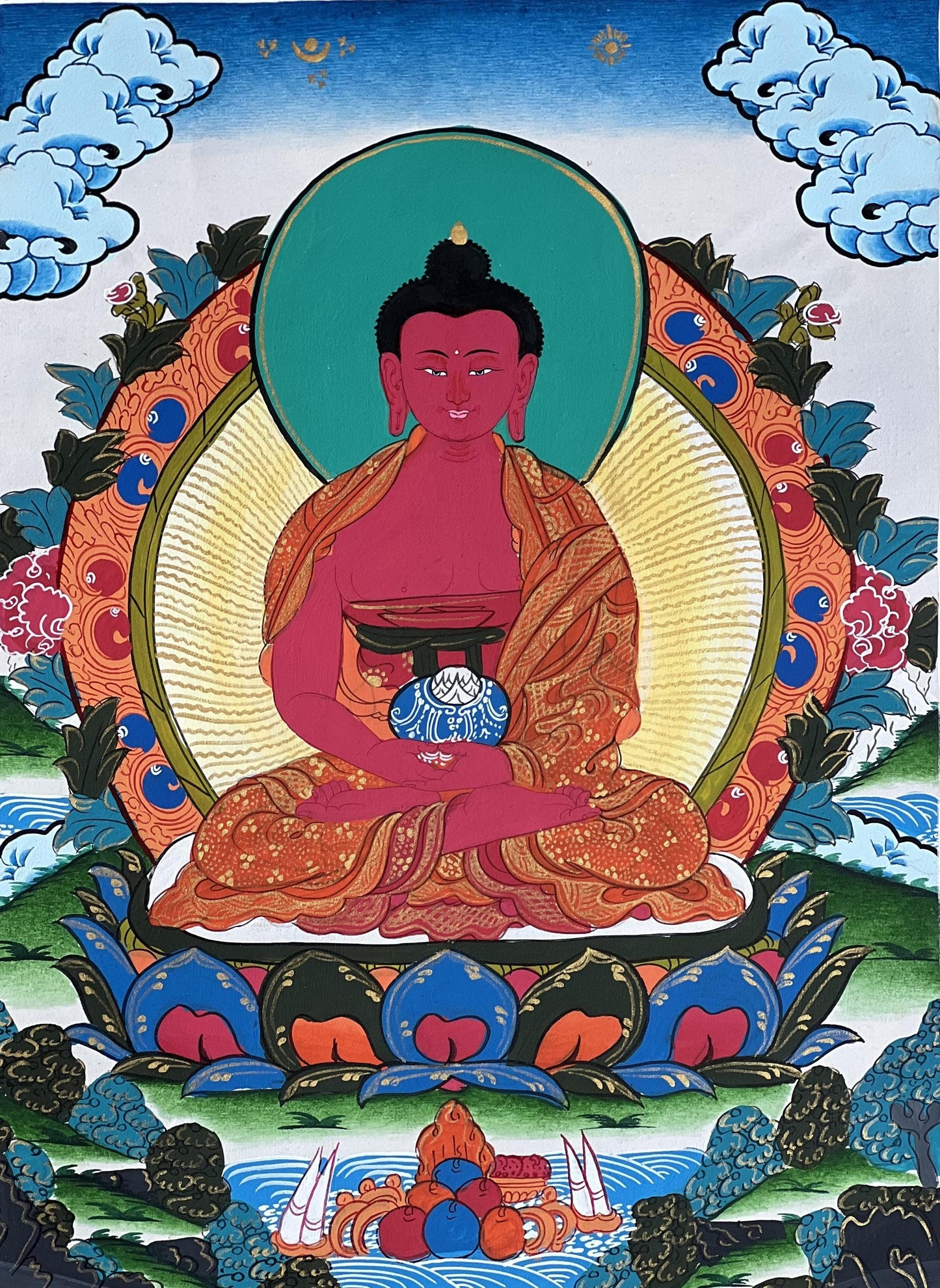 Amitabha Buddha Tibetan Thangka Painting – Original Hand-Painted Masterpiece with Silk Brocade
