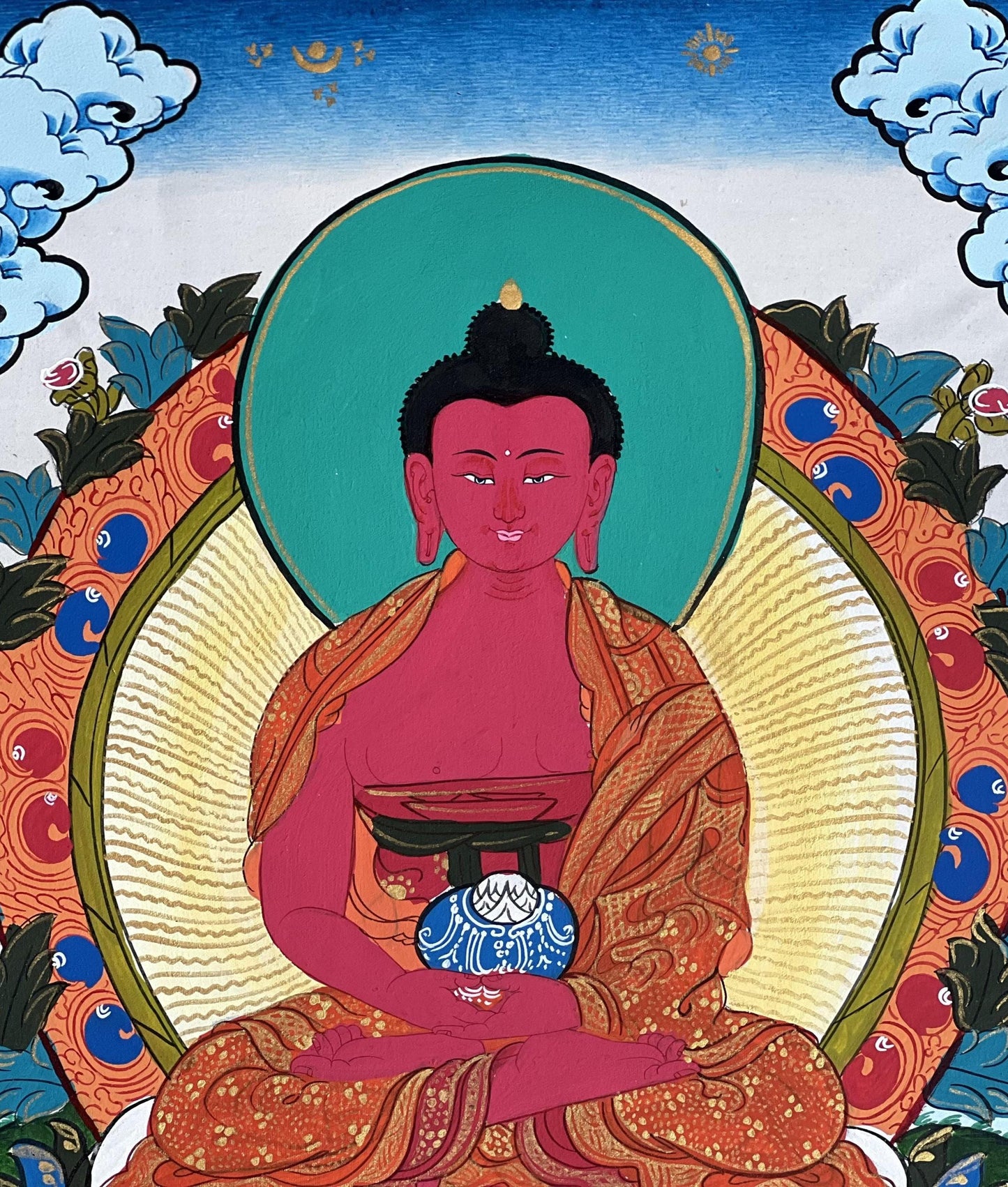 Amitabha Buddha Tibetan Thangka Painting – Original Hand-Painted Masterpiece with Silk Brocade