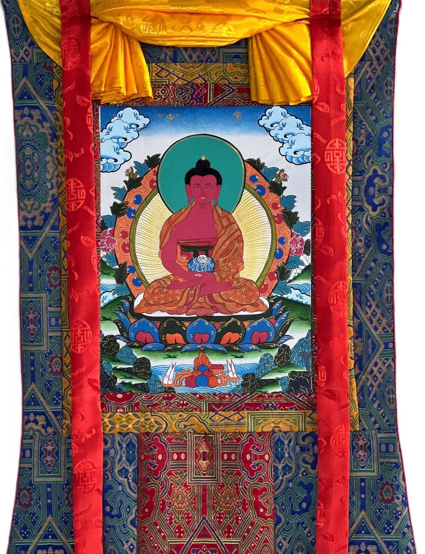Amitabha Buddha Tibetan Thangka Painting – Original Hand-Painted Masterpiece with Silk Brocade