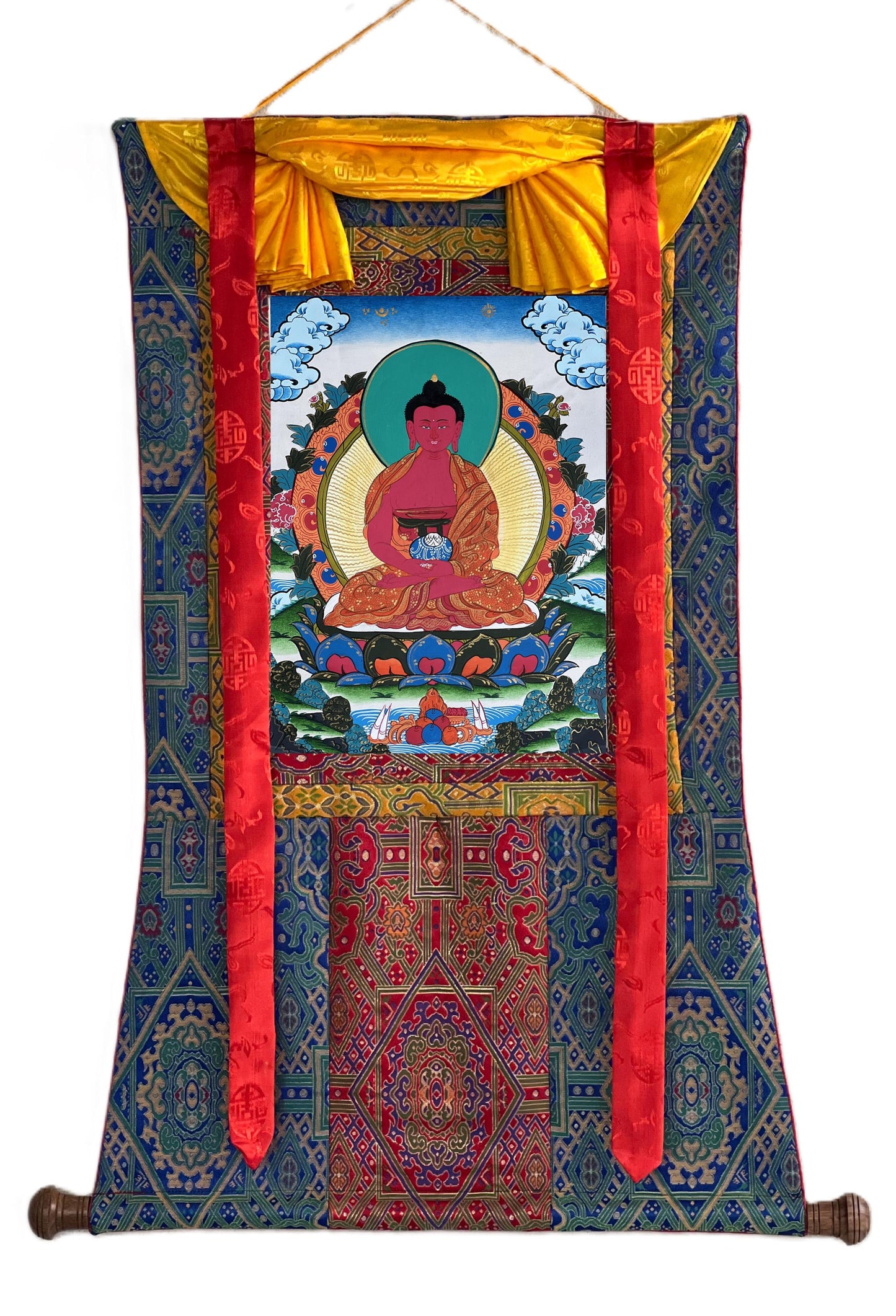 Amitabha Buddha Tibetan Thangka Painting – Original Hand-Painted Masterpiece with Silk Brocade