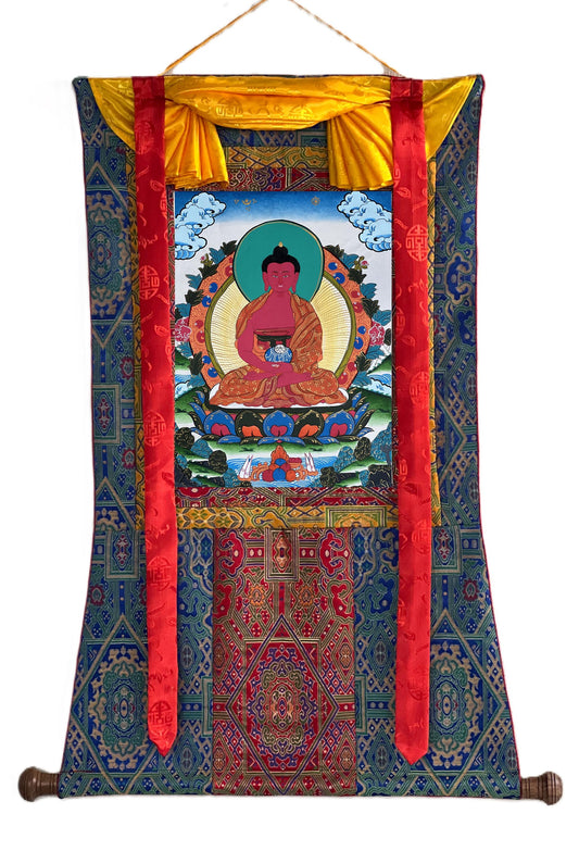 Amitabha Buddha Tibetan Thangka Painting – Original Hand-Painted Masterpiece with Silk Brocade