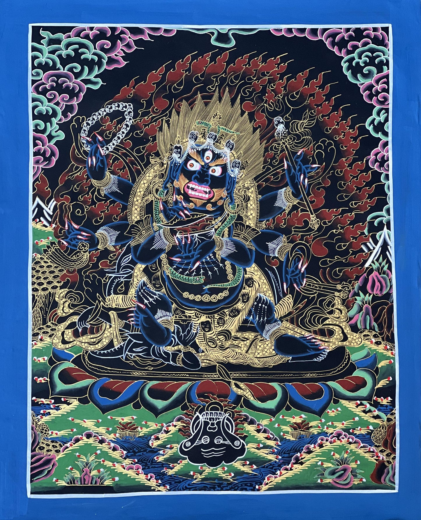 Black Mahakala Thangka • Hand-Painted Tibetan Buddhist Protector Art