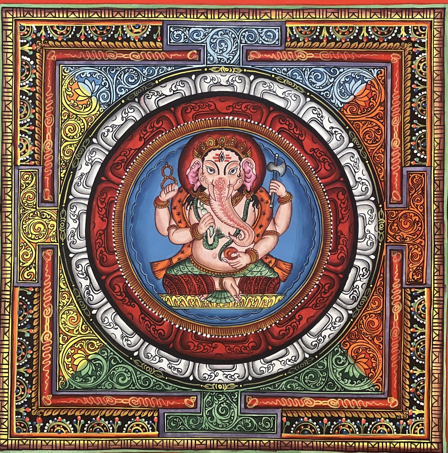 Original Hand-Painted Newari Ganesha in Sri Yantra Mandala – Traditional Paubha Art