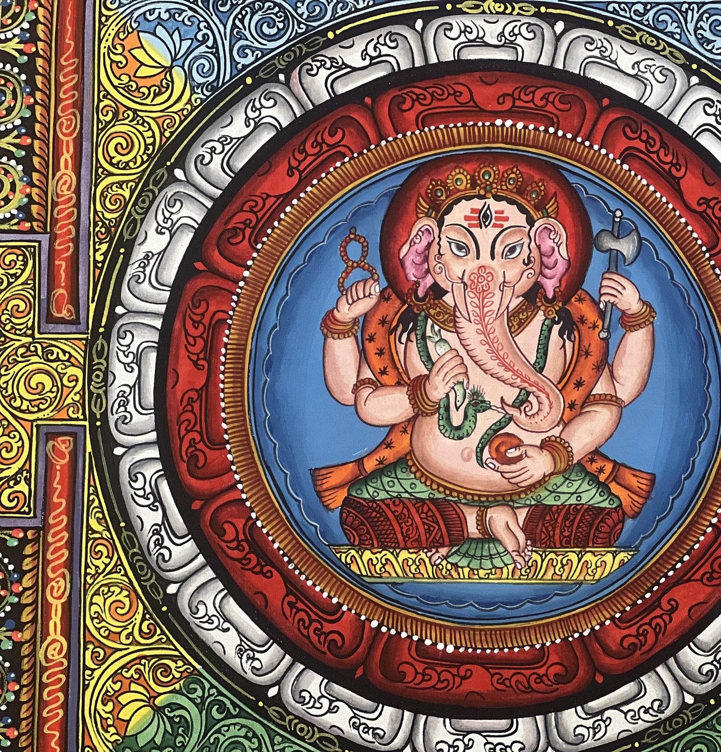Original Hand-Painted Newari Ganesha in Sri Yantra Mandala – Traditional Paubha Art