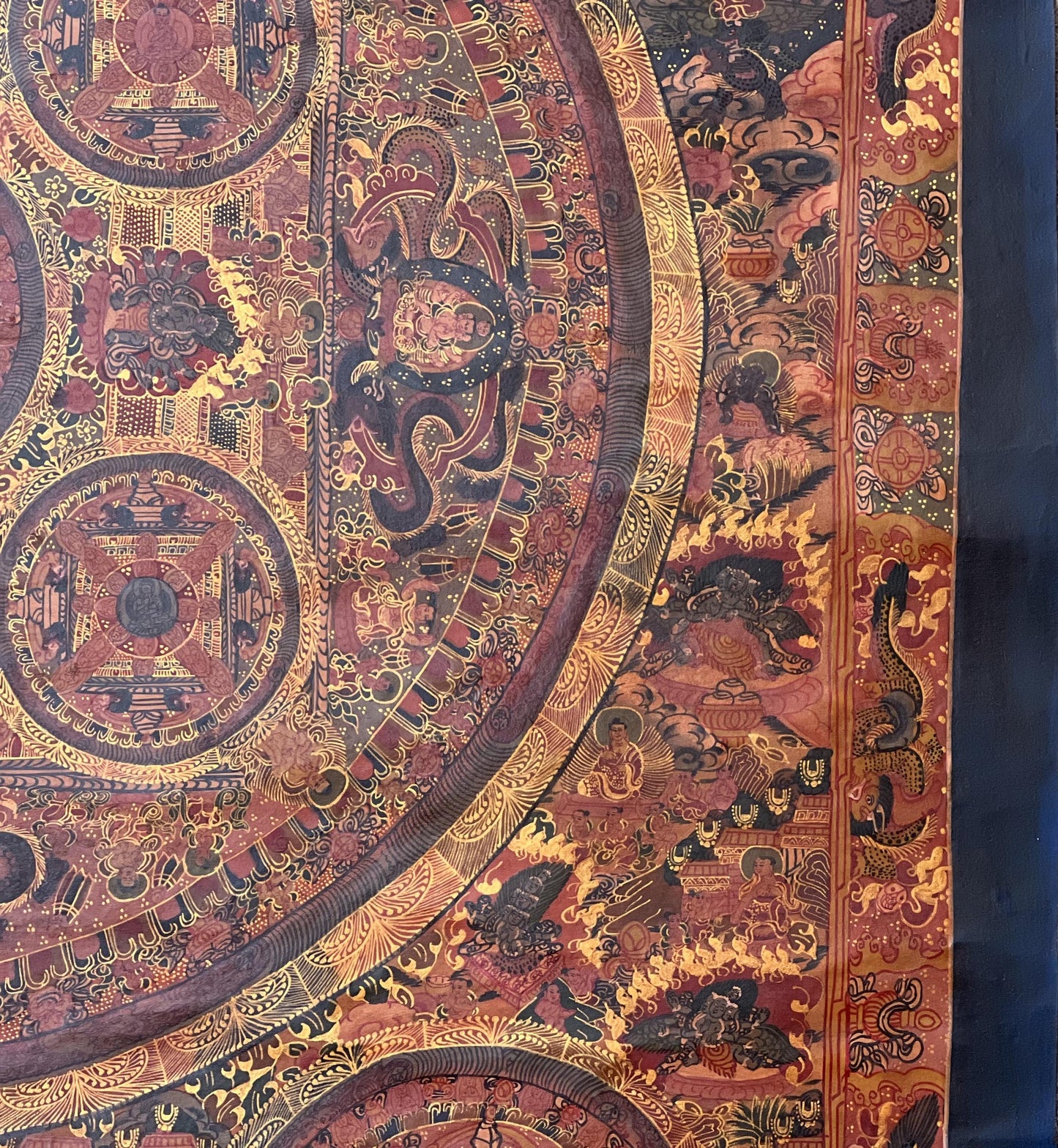 Pancha Buddha Mandala Thangka | Semi-Old Oil Varnished Tibetan Masterpiece | Avalokiteshvara Artwork | Spiritual Wall Decor