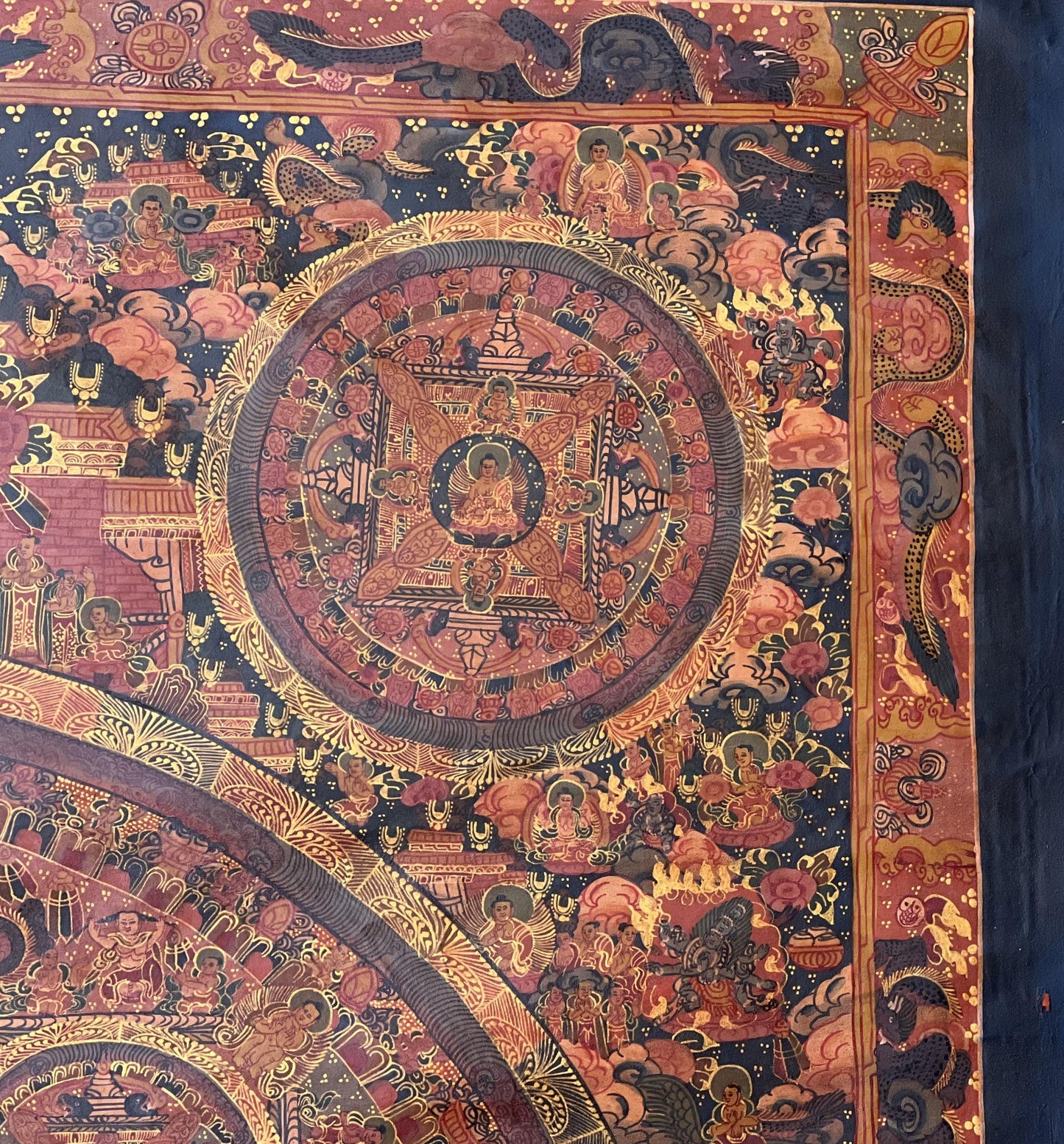 Pancha Buddha Mandala Thangka | Semi-Old Oil Varnished Tibetan Masterpiece | Avalokiteshvara Artwork | Spiritual Wall Decor