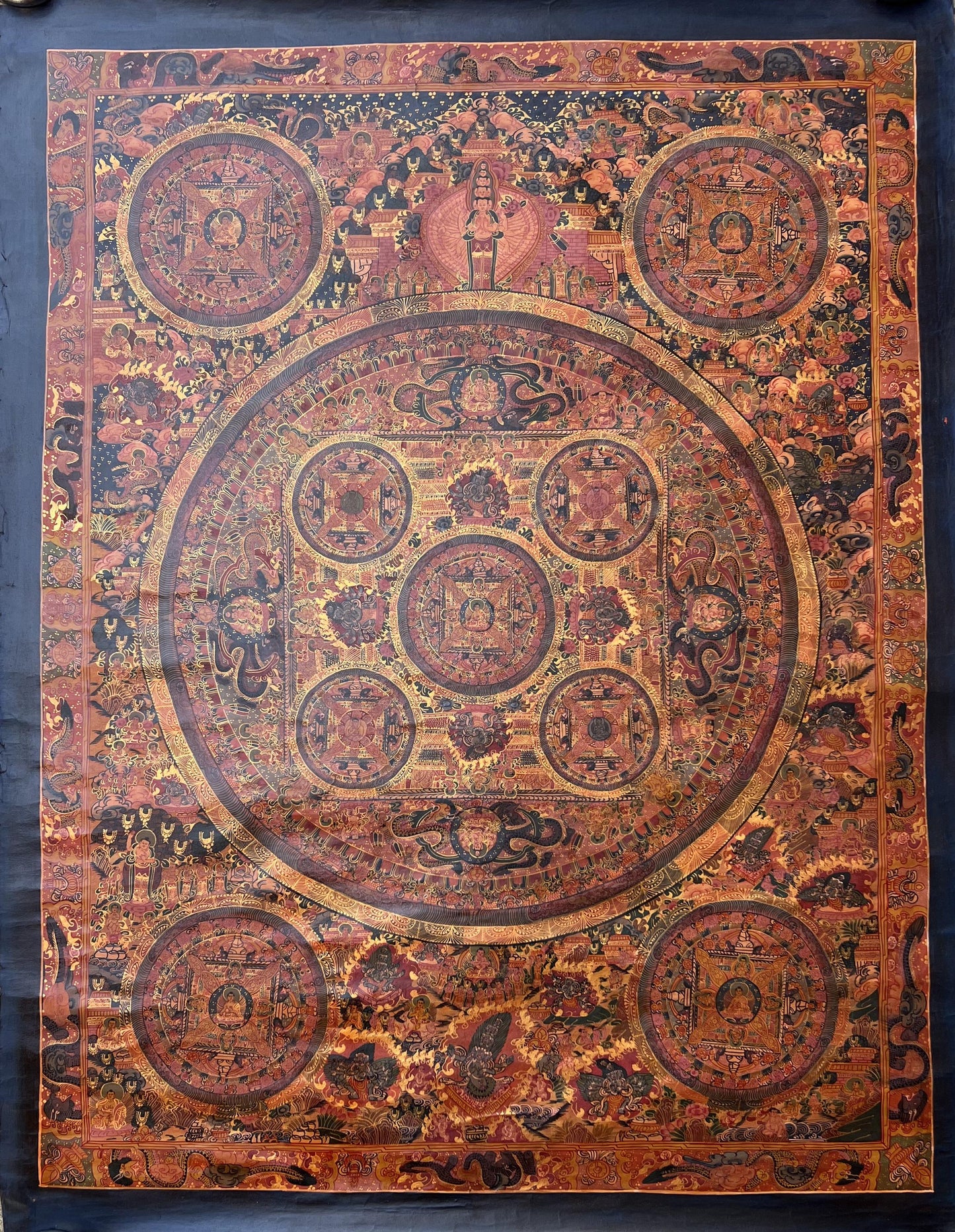 Pancha Buddha Mandala Thangka | Semi-Old Oil Varnished Tibetan Masterpiece | Avalokiteshvara Artwork | Spiritual Wall Decor