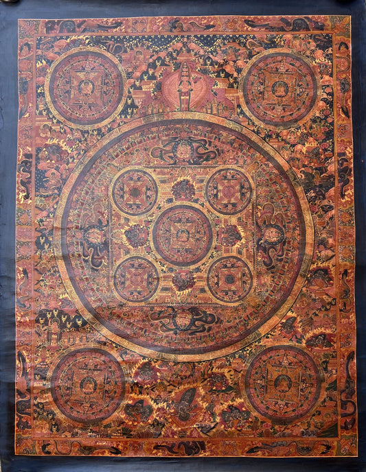 Pancha Buddha Mandala Thangka | Semi-Old Oil Varnished Tibetan Masterpiece | Avalokiteshvara Artwork | Spiritual Wall Decor