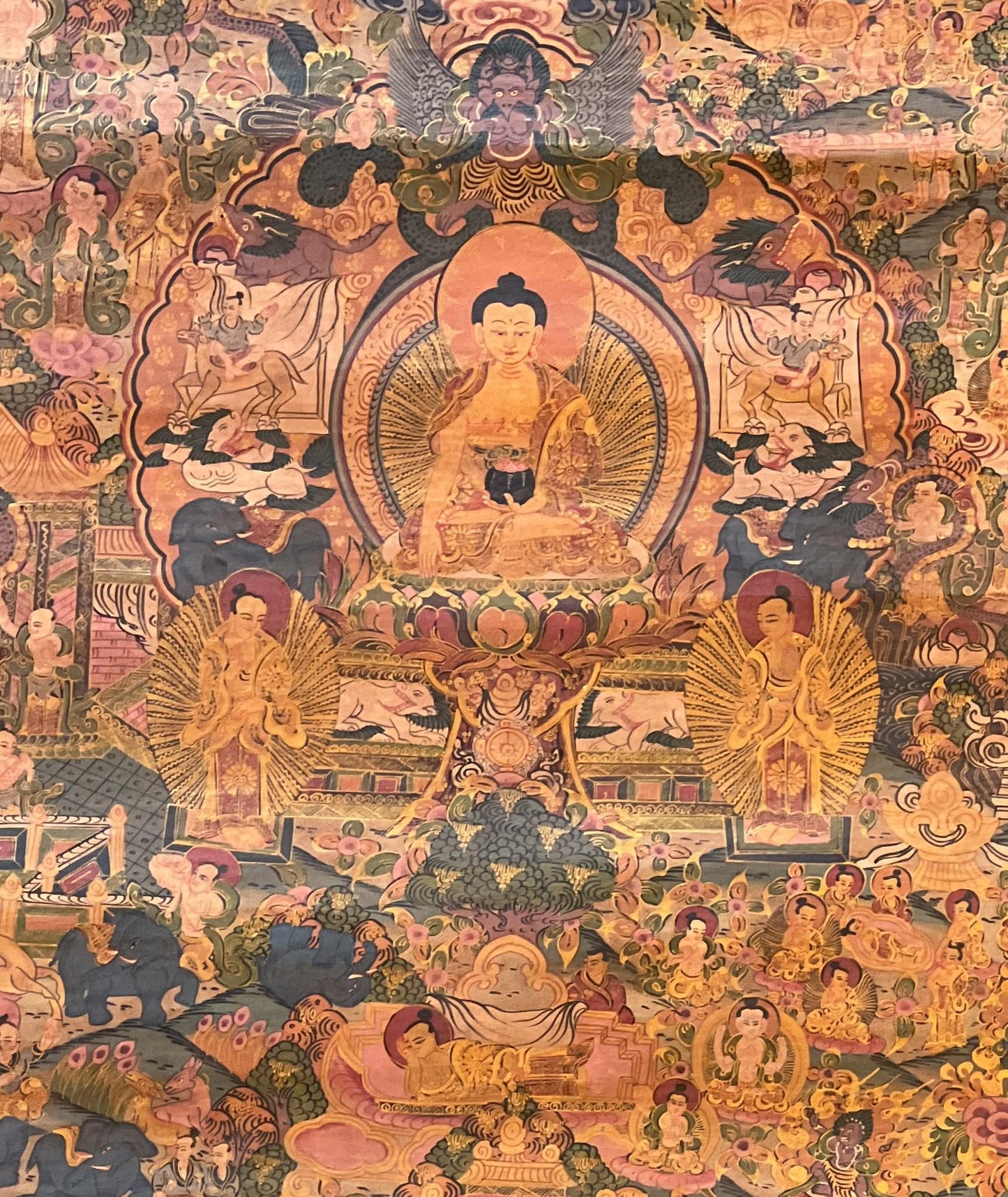 Buddha Life Story Thangka - Hand-Painted Tibetan Art - Vintage Semi-Old Oil Varnished Art