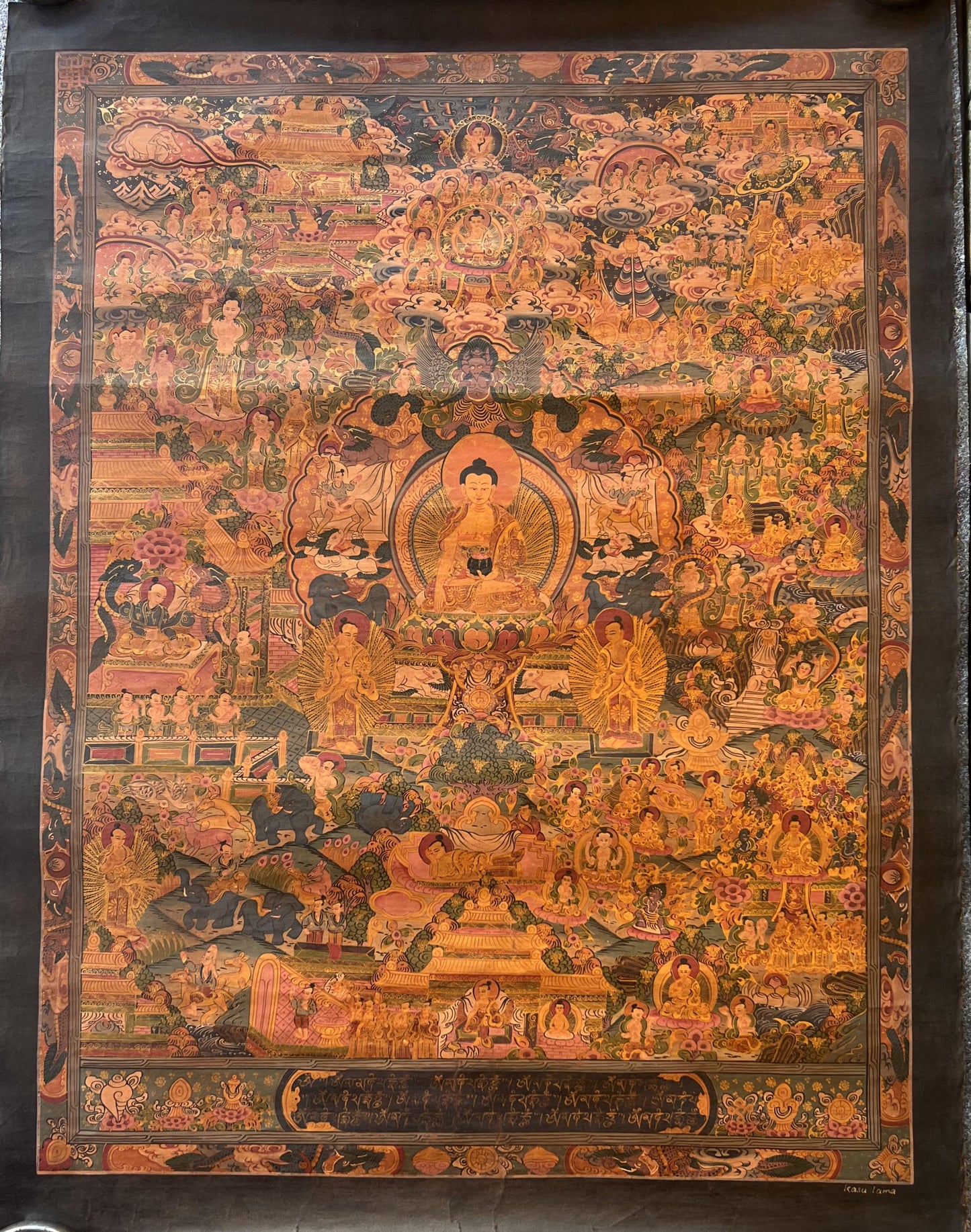 Buddha Life Story Thangka - Hand-Painted Tibetan Art - Vintage Semi-Old Oil Varnished Art