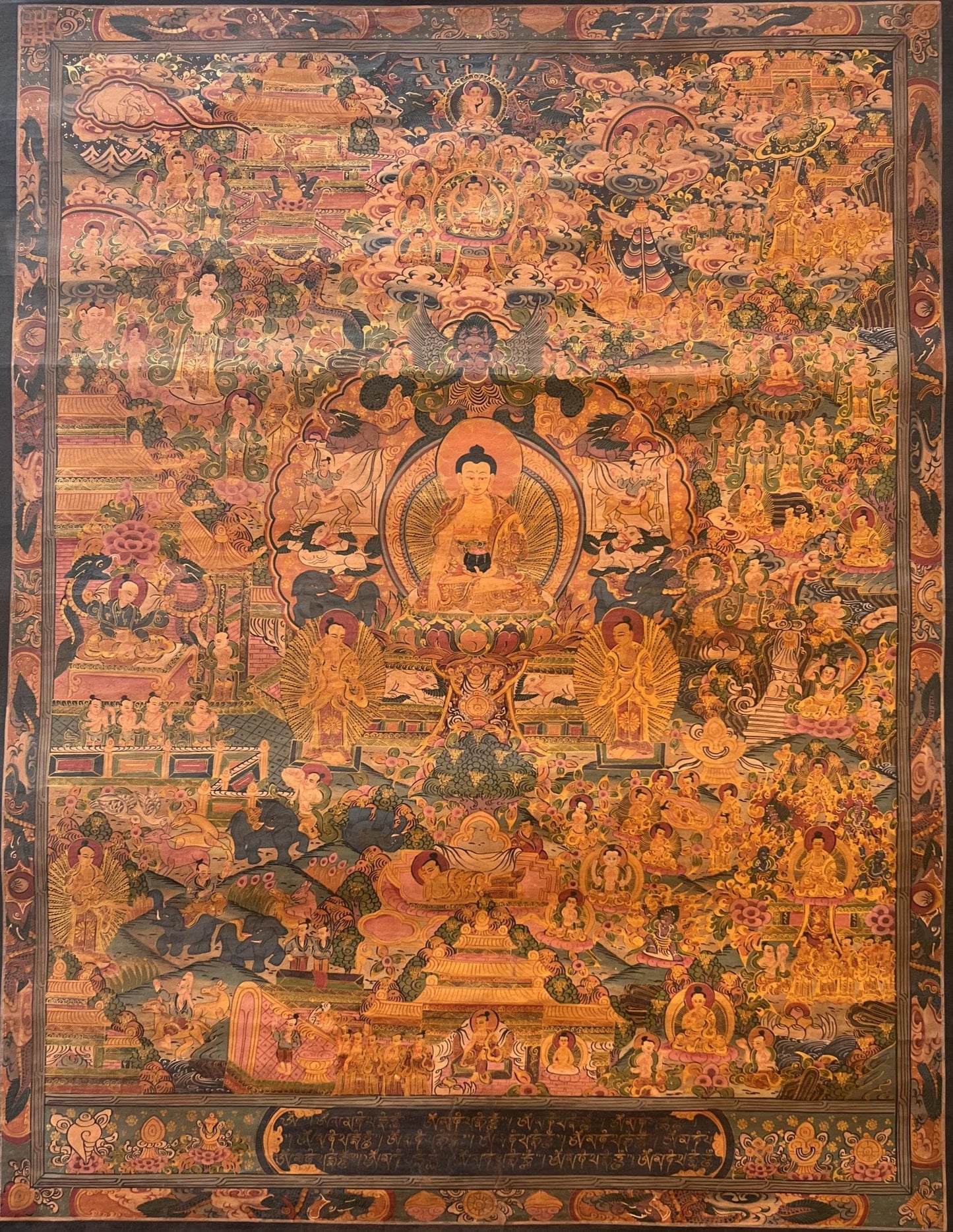 Buddha Life Story Thangka - Hand-Painted Tibetan Art - Vintage Semi-Old Oil Varnished Art