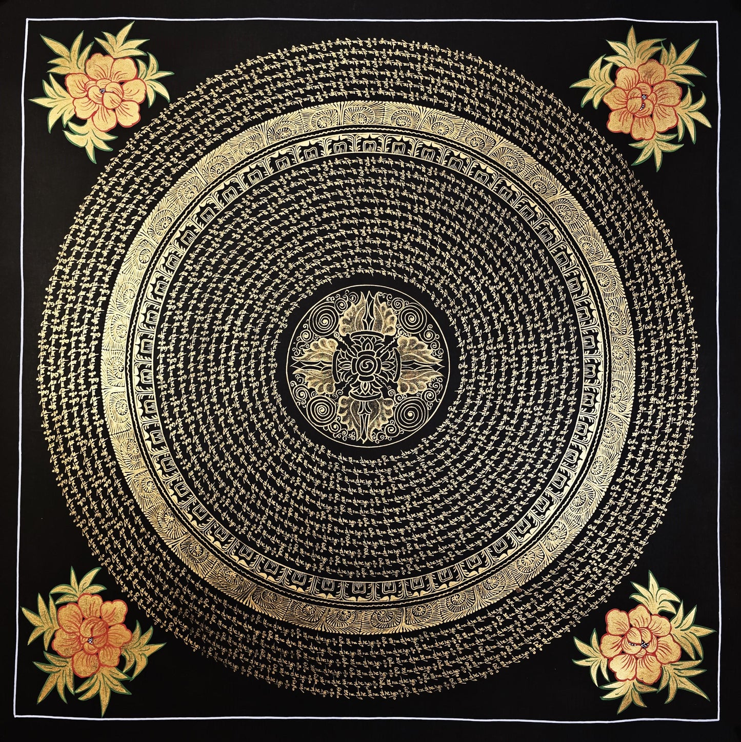 Hand-painted Tibetan Thangka Painting from Nepal Featuring a Double Vajra Om Mantra Mandala