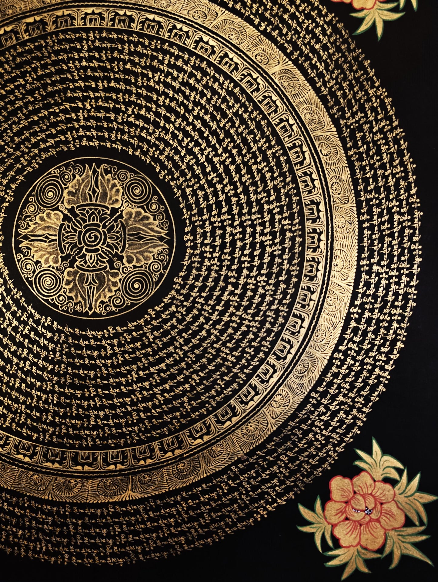 Hand-painted Tibetan Thangka Painting from Nepal Featuring a Double Vajra Om Mantra Mandala