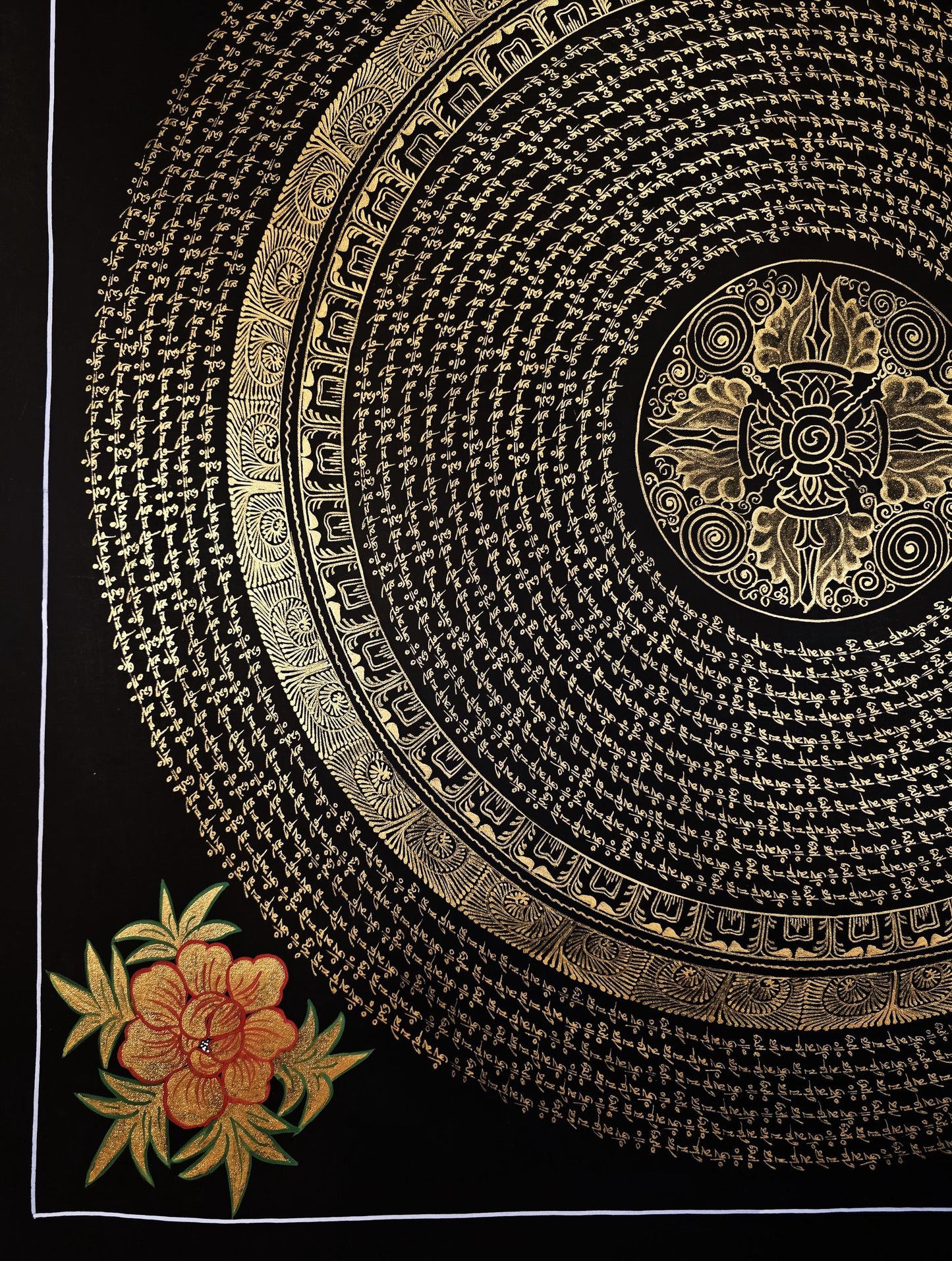 Hand-painted Tibetan Thangka Painting from Nepal Featuring a Double Vajra Om Mantra Mandala