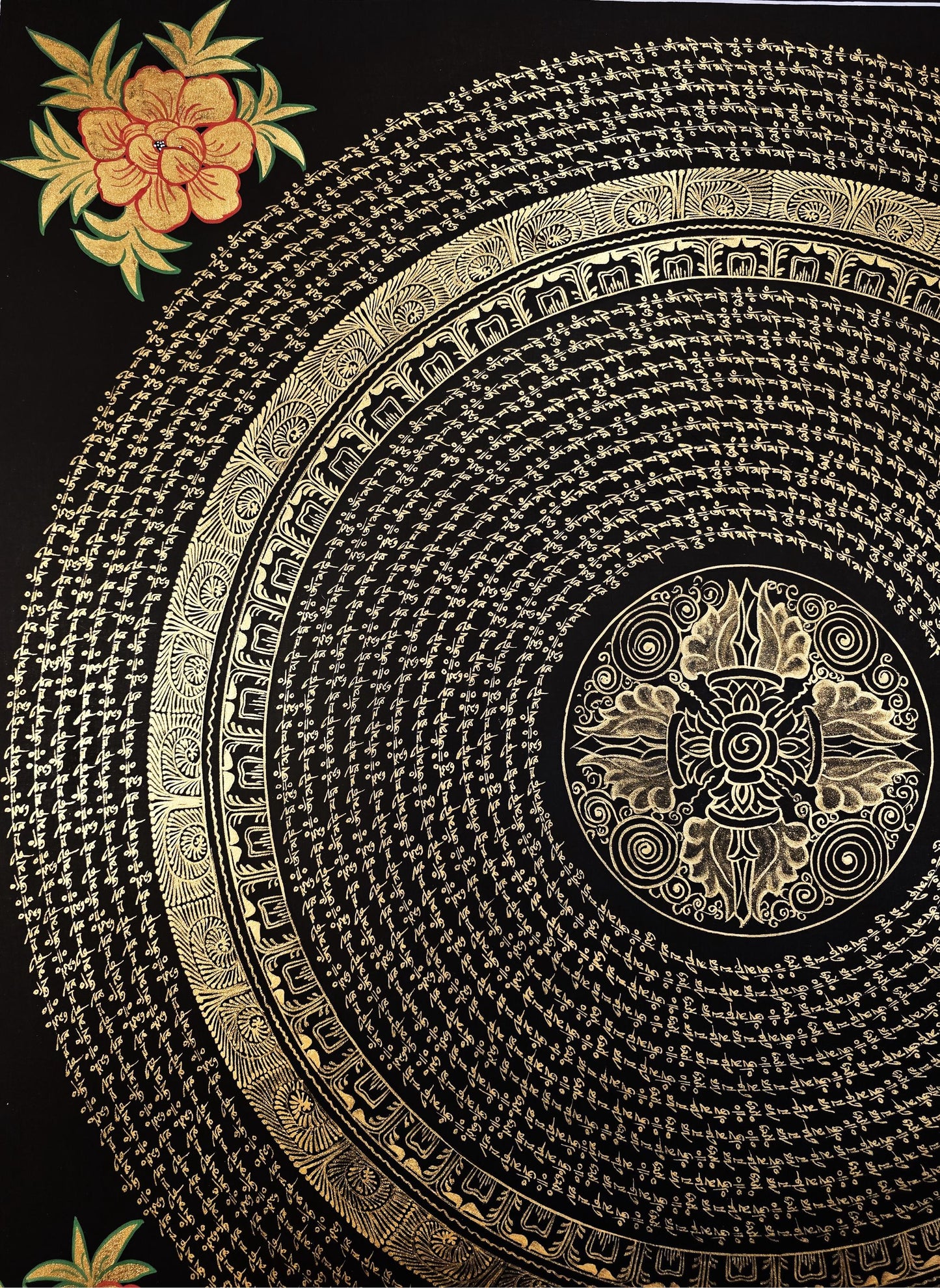 Hand-painted Tibetan Thangka Painting from Nepal Featuring a Double Vajra Om Mantra Mandala