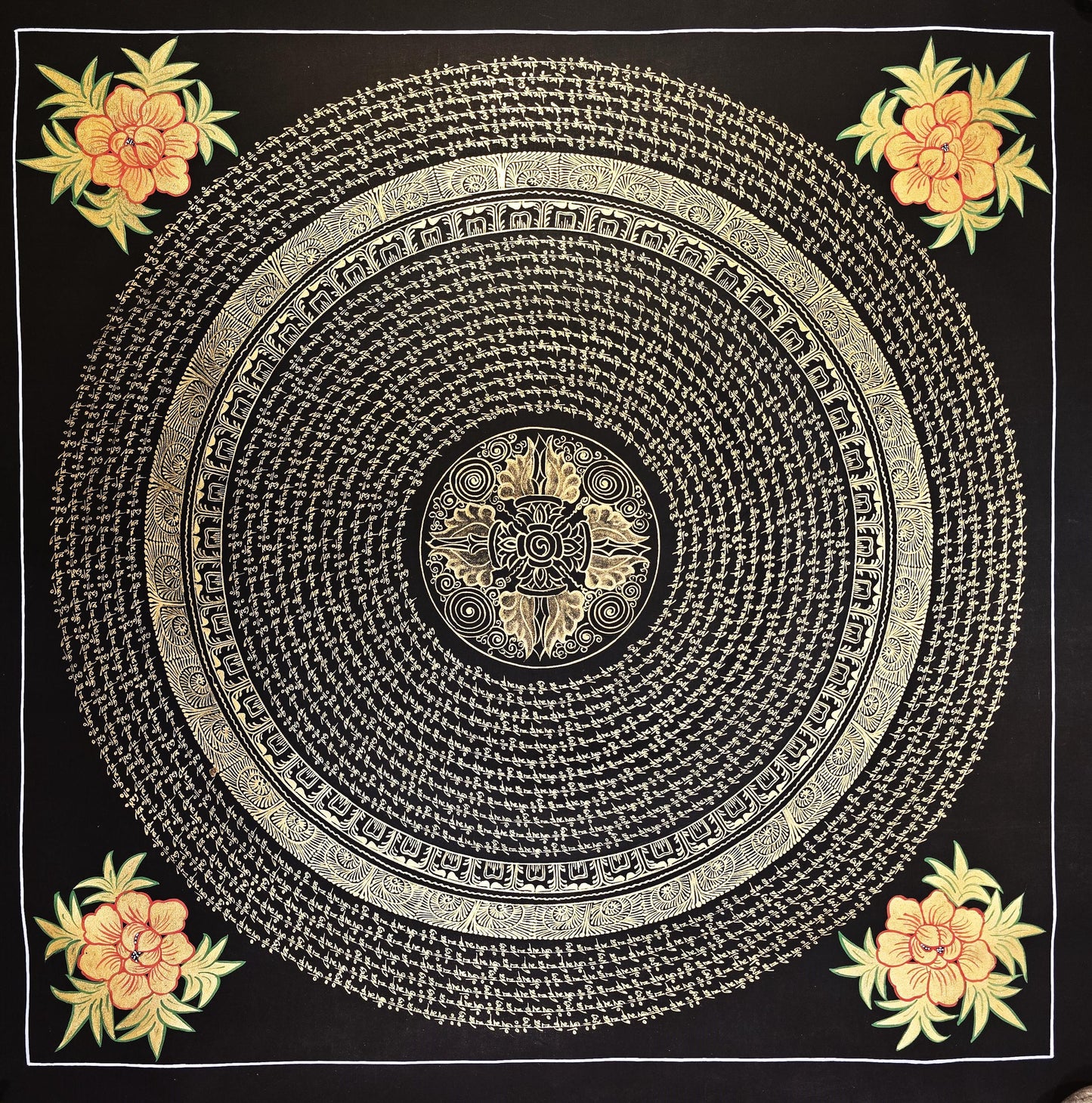Hand-painted Tibetan Thangka Painting from Nepal Featuring a Double Vajra Om Mantra Mandala