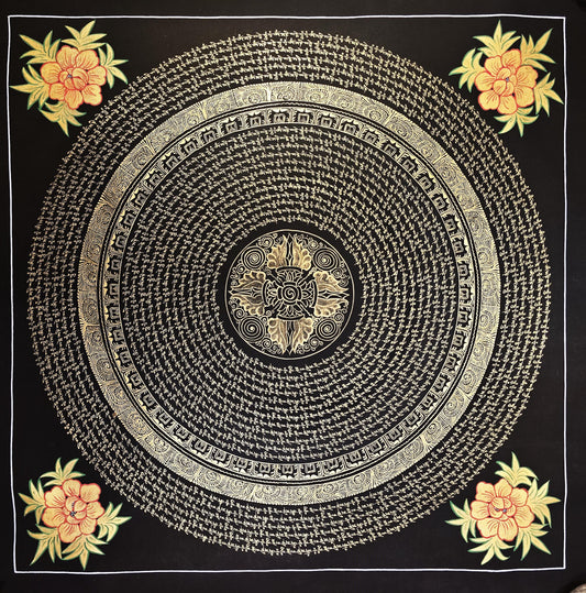 Hand-painted Tibetan Thangka Painting from Nepal Featuring a Double Vajra Om Mantra Mandala