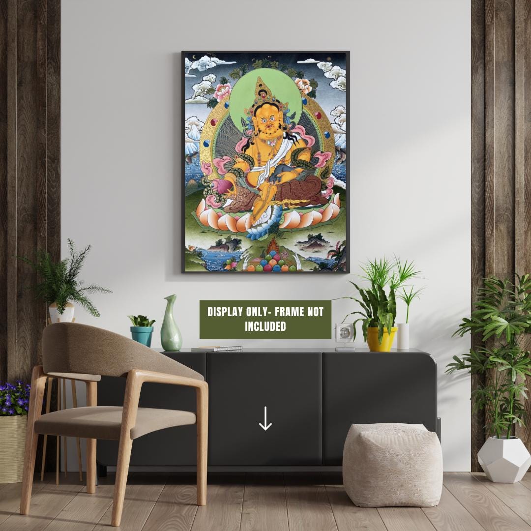 Yellow Jambhala Tibetan Thangka | Kuber Wealth Deity Hand-Painted Art | Buddhist Prosperity Masterpiece Painting
