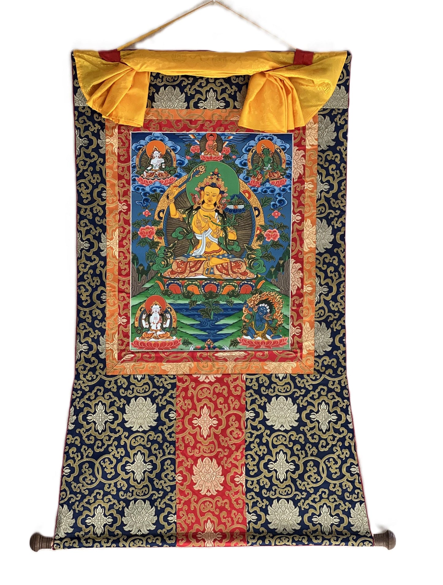 Original Hand-Painted Manjushri Thangka | Wisdom Bodhisattva Art | Jampelyang Tibetan Silk Brocade Framed  Painting