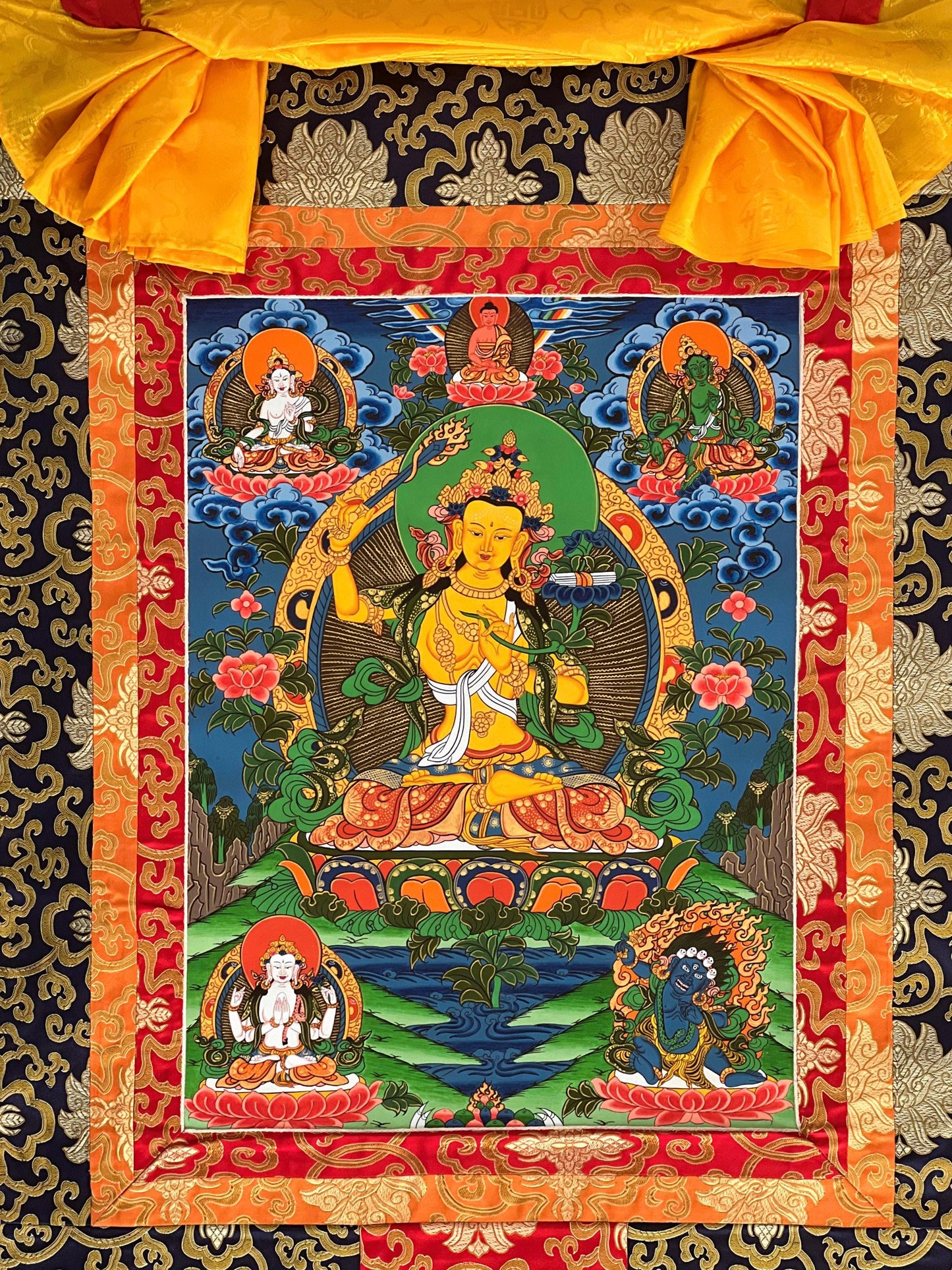 Original Hand-Painted Manjushri Thangka | Wisdom Bodhisattva Art | Jampelyang Tibetan Silk Brocade Framed  Painting