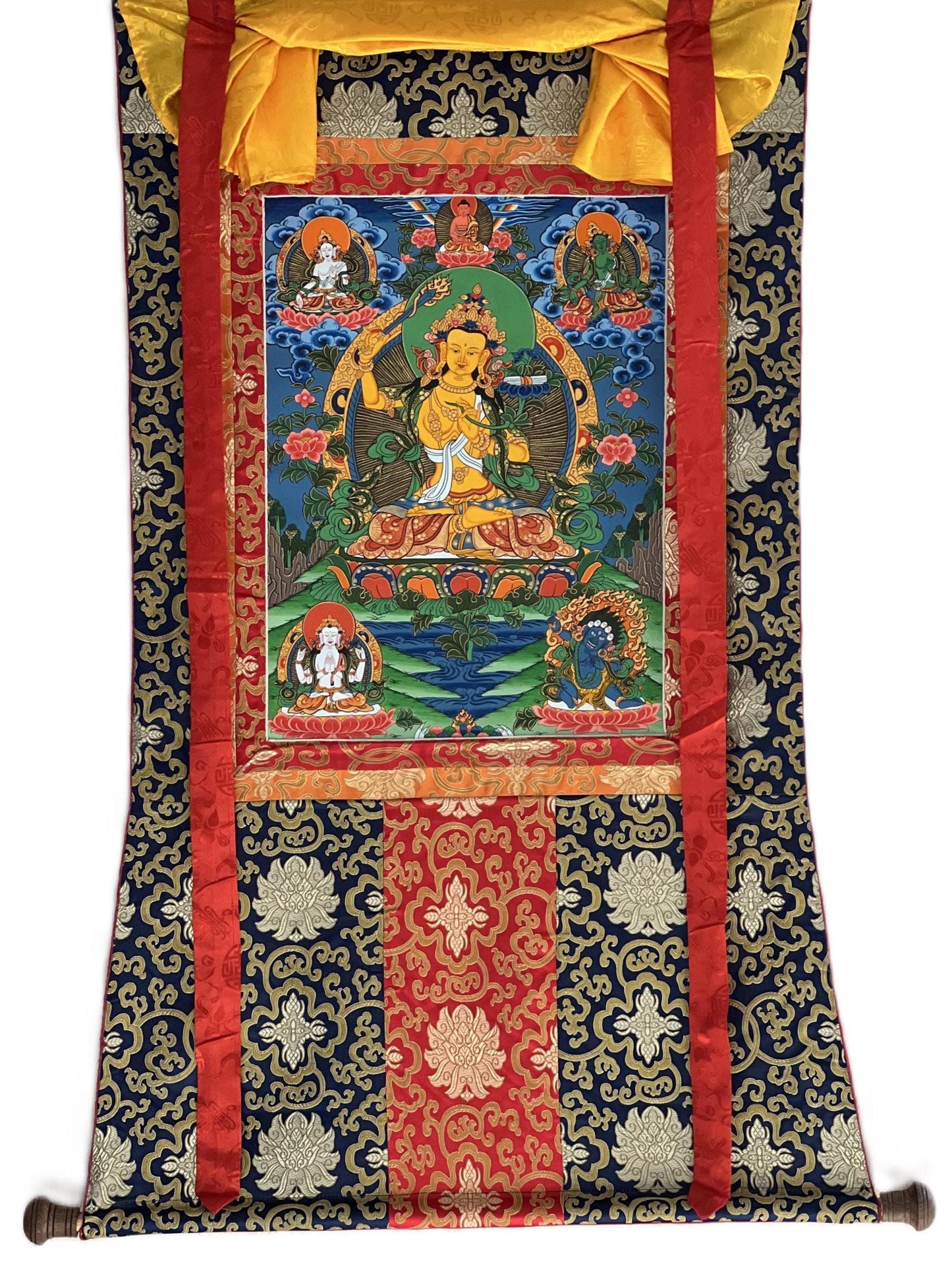 Original Hand-Painted Manjushri Thangka | Wisdom Bodhisattva Art | Jampelyang Tibetan Silk Brocade Framed  Painting