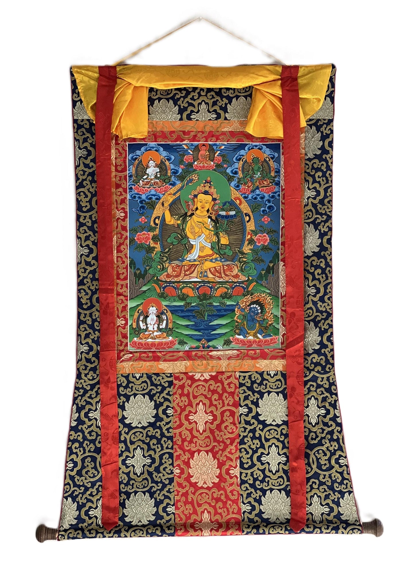 Original Hand-Painted Manjushri Thangka | Wisdom Bodhisattva Art | Jampelyang Tibetan Silk Brocade Framed  Painting