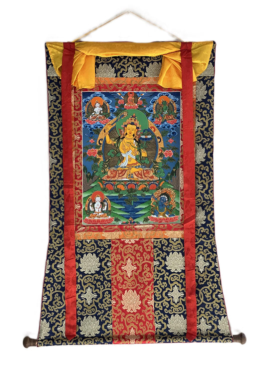 Original Hand-Painted Manjushri Thangka | Wisdom Bodhisattva Art | Jampelyang Tibetan Silk Brocade Framed  Painting